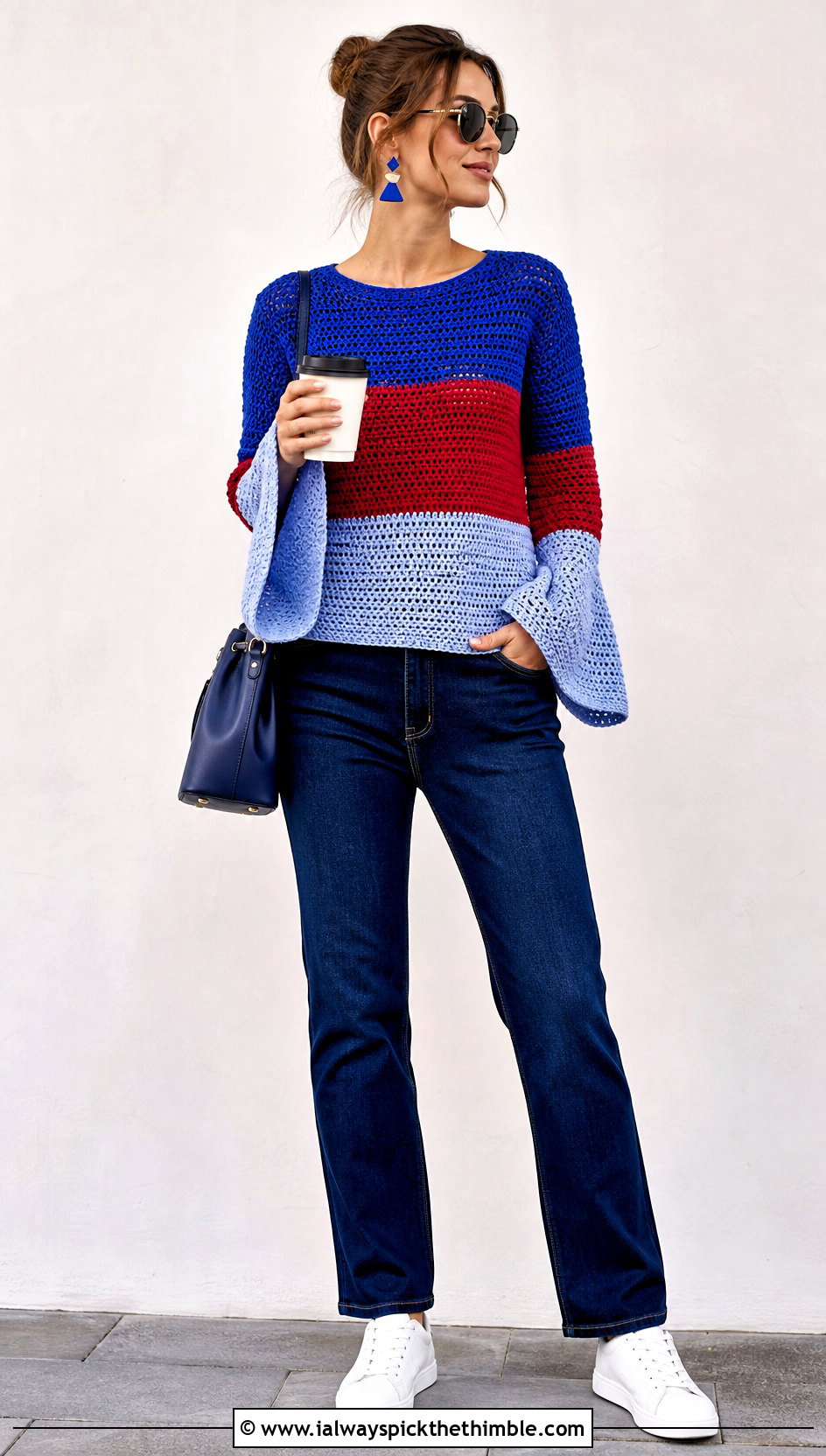 Color Block Bell Sleeve Crochet Sweater With Straight Jeans - 20 crochet sweater bell sleeves outfit ideas
