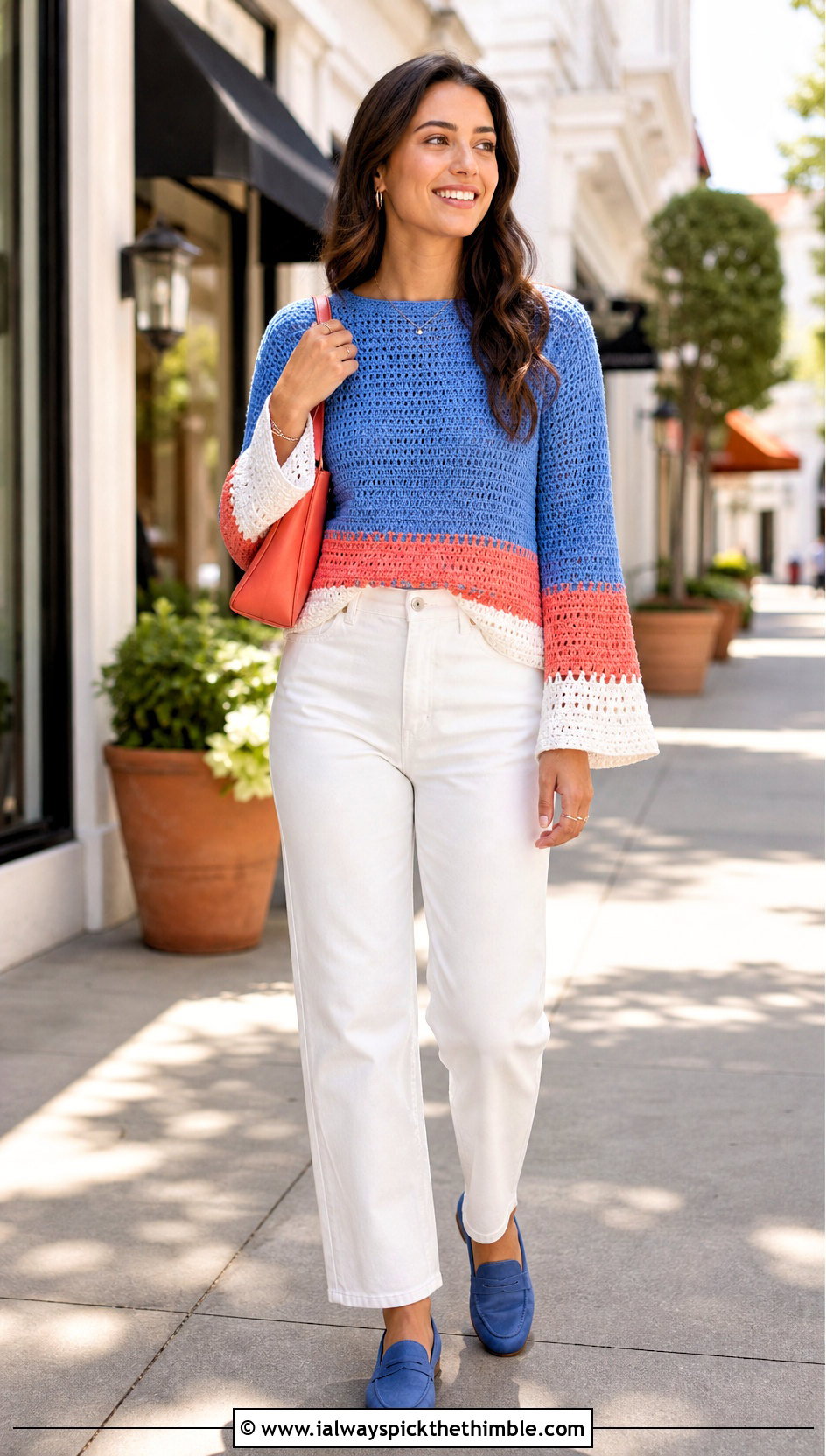 Color Block Bell Sleeve Crochet Sweater With White Jeans - 20 bell sleeve crochet sweater outfit ideas