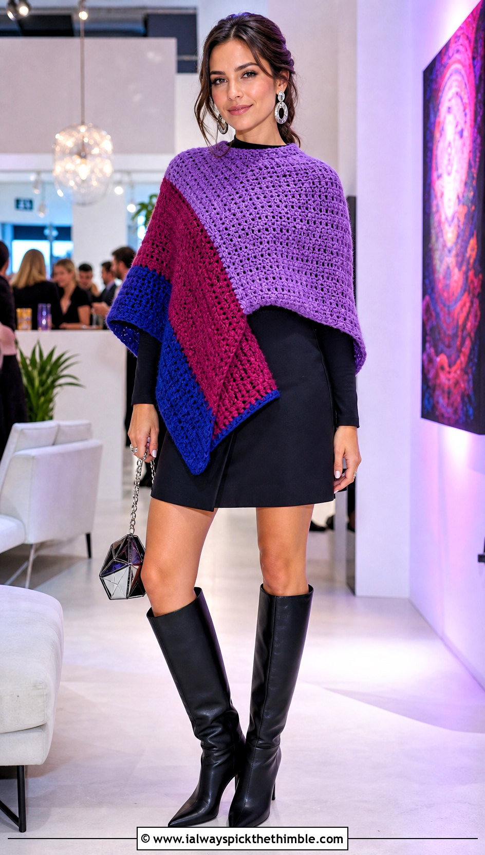 Color Block Blanket Crochet Poncho With Mini Skirt - 15 Blanket Crochet Poncho outfit ideas