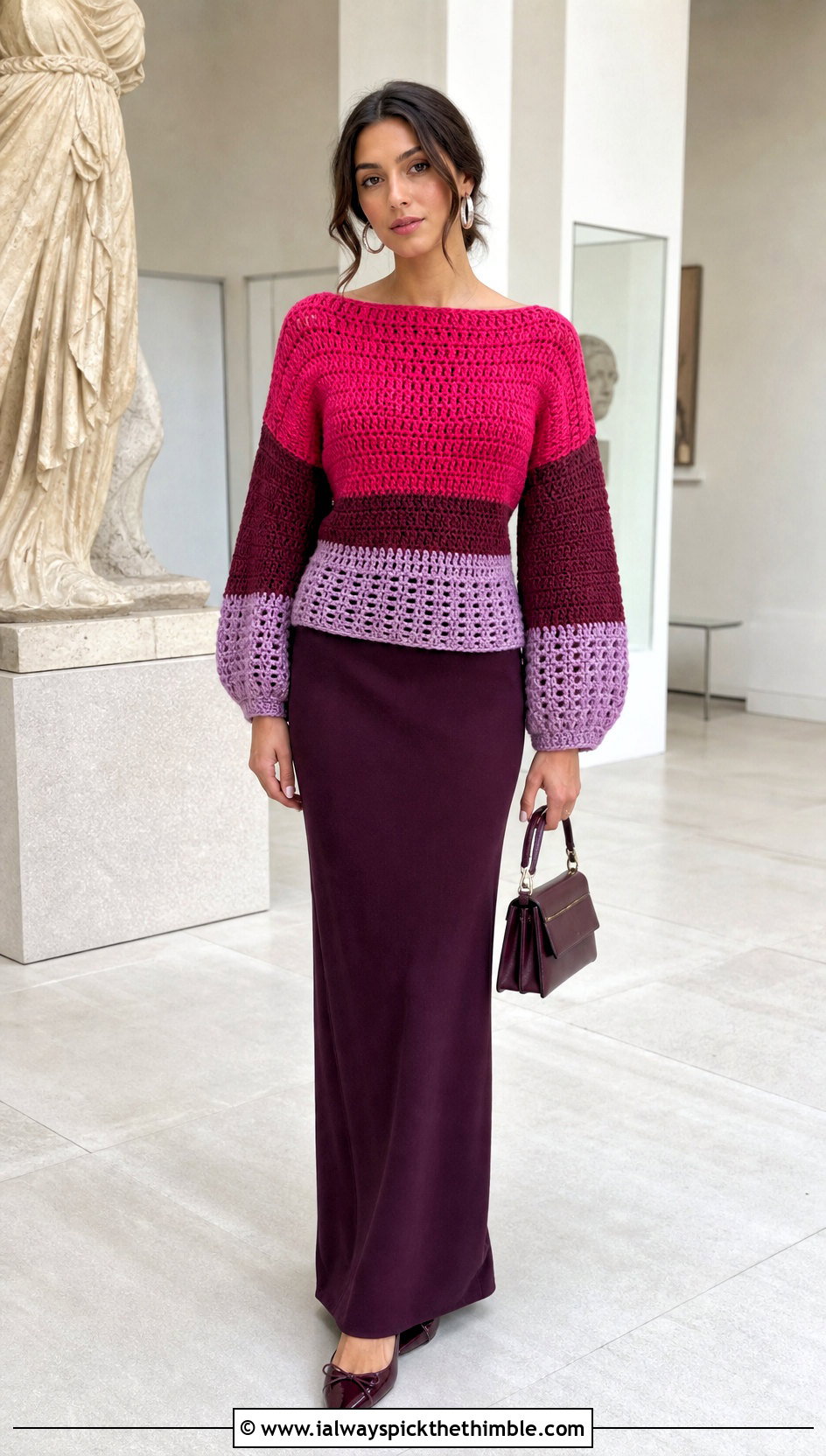 Color Block Boat Neck Crochet Sweater With Maxi Skirt - 15 boat neck crochet sweater outfit ideas