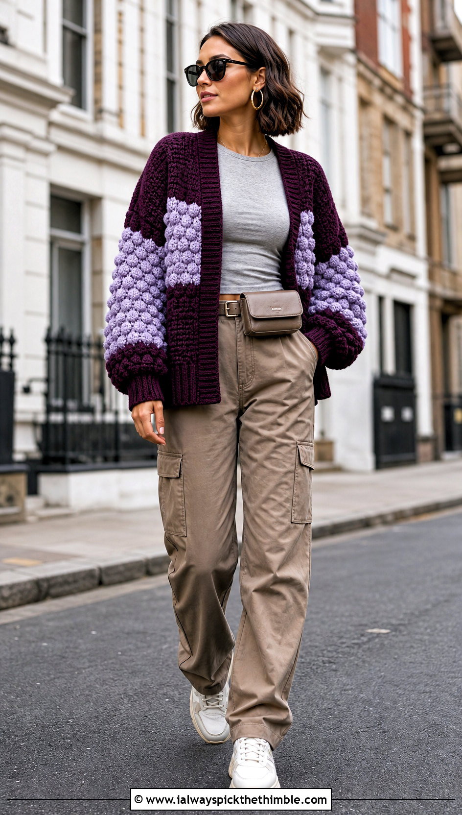 Color Block Bobble Crochet Bubble Cardigan With Cargo Pants - 15 Crochet Bubble Cardigan outfit ideas