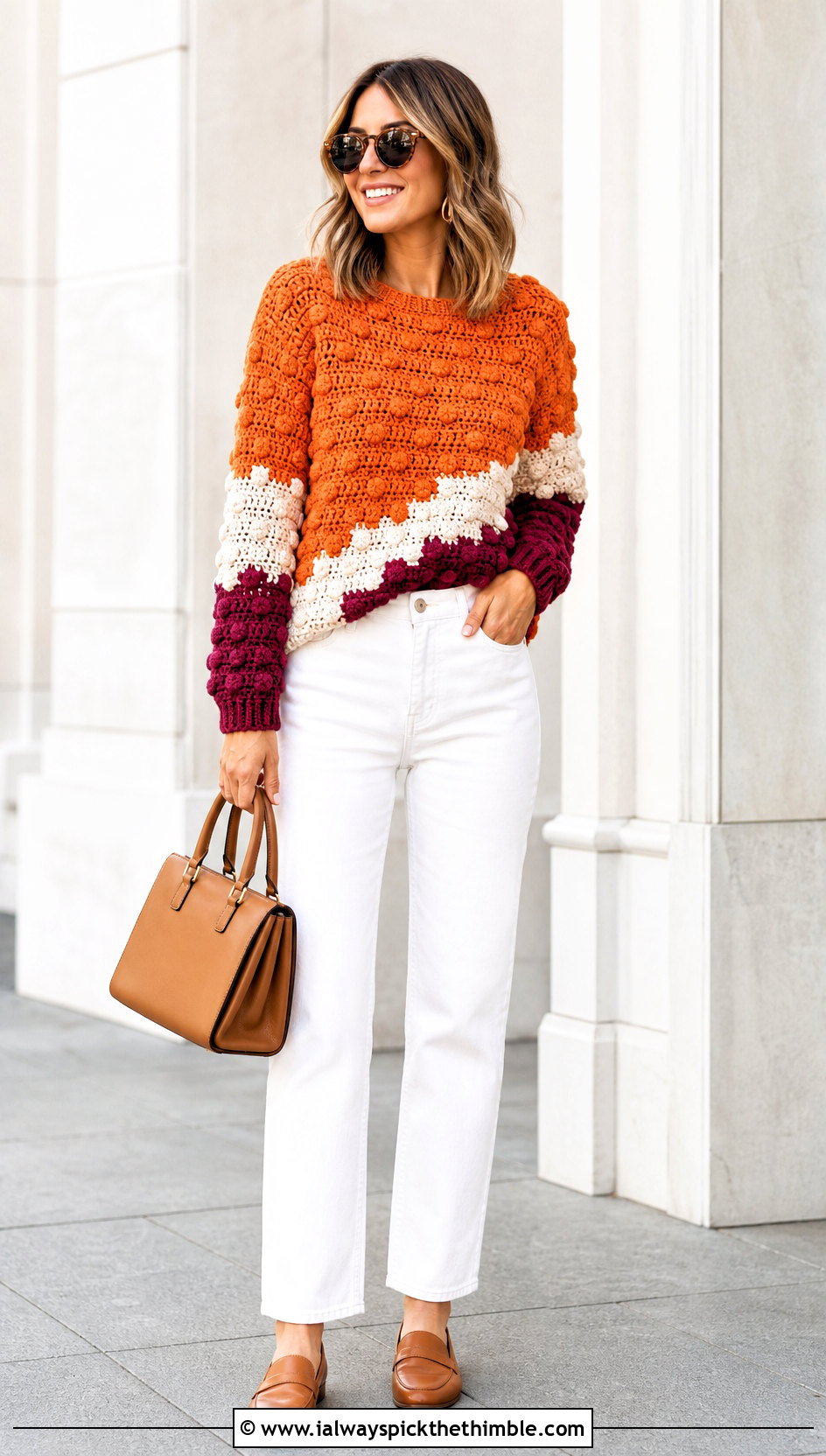 Color Block Bobble Sweater With White Jeans - 20 crochet bobble sweater outfit ideas