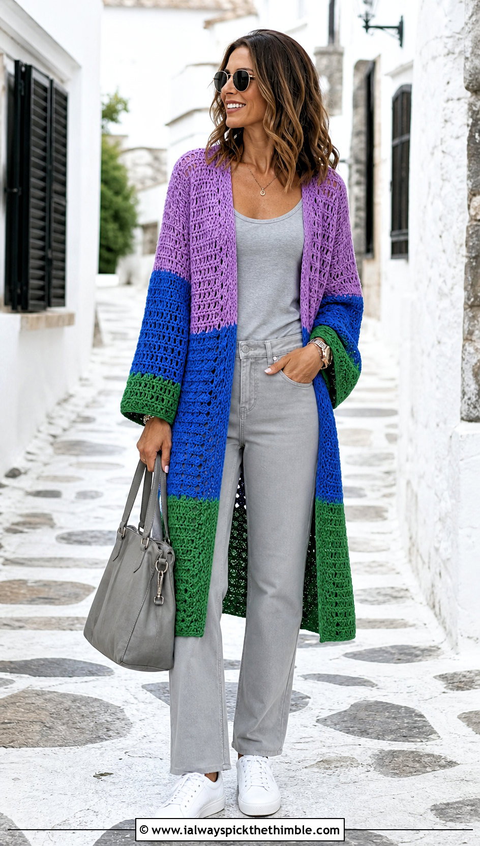 Color Block Boho Crochet Cardigan With Monochrome Basics - 25 Boho Crochet Cardigan outfit ideas