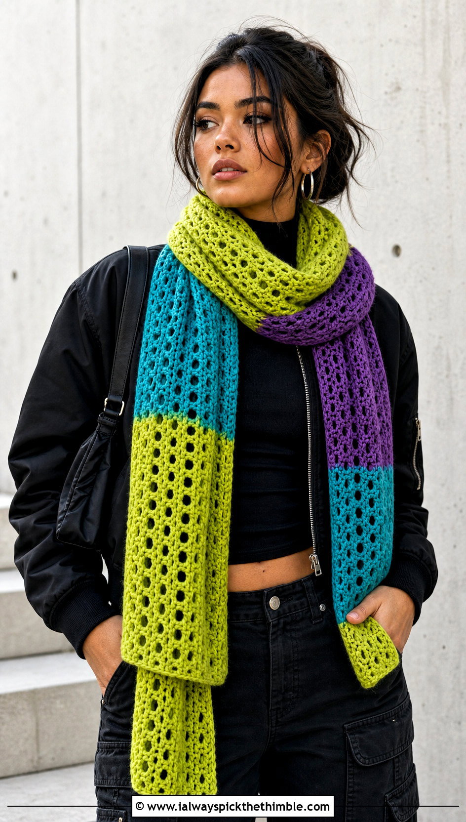 Color Block Bonfire Scarf With Black Streetwear - 20 Crochet Bonfire Scarf outfit ideas
