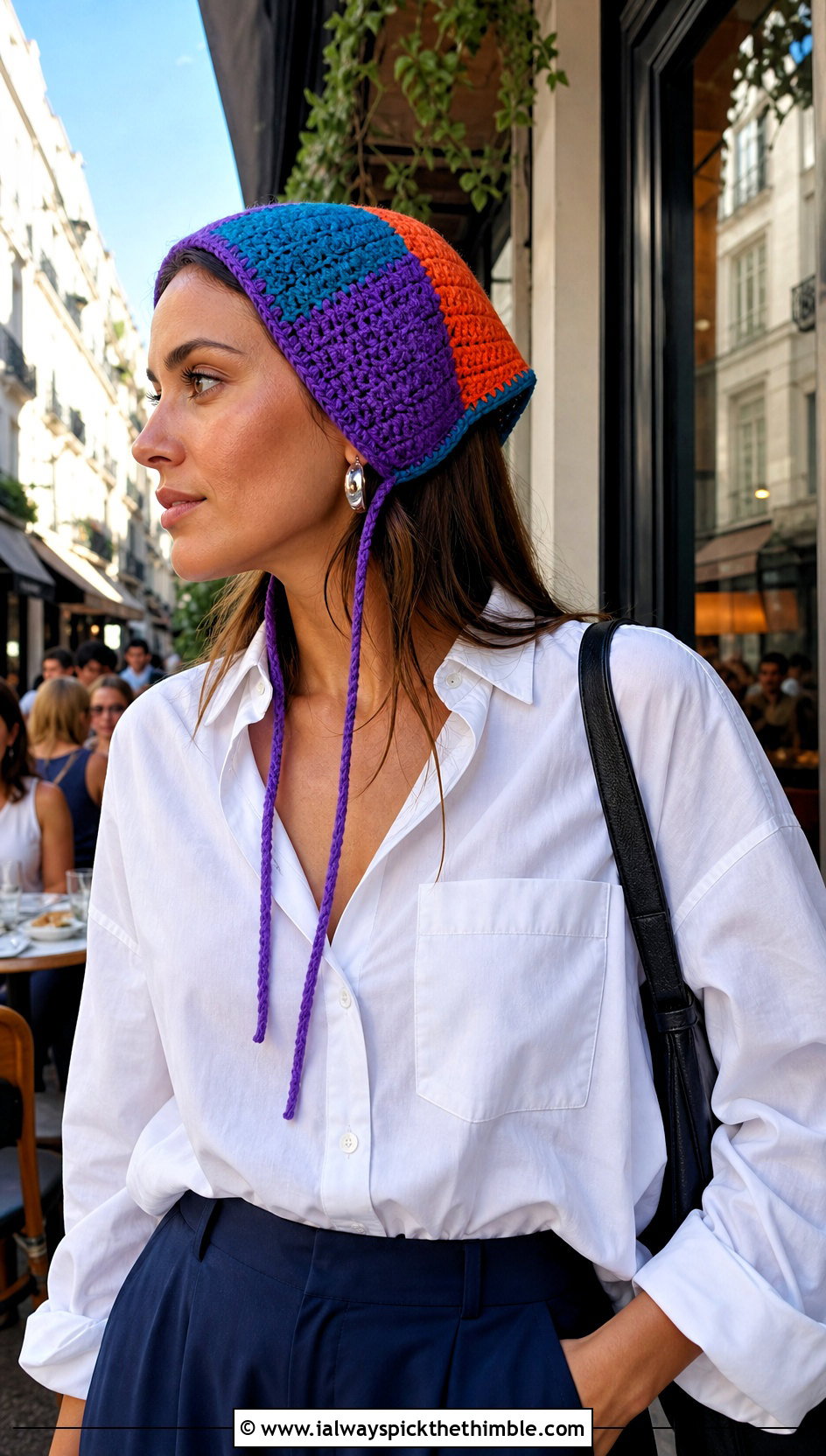 Color Block Bonnet With White Shirt Outfit - 25 crochet bonnets outfit ideas
