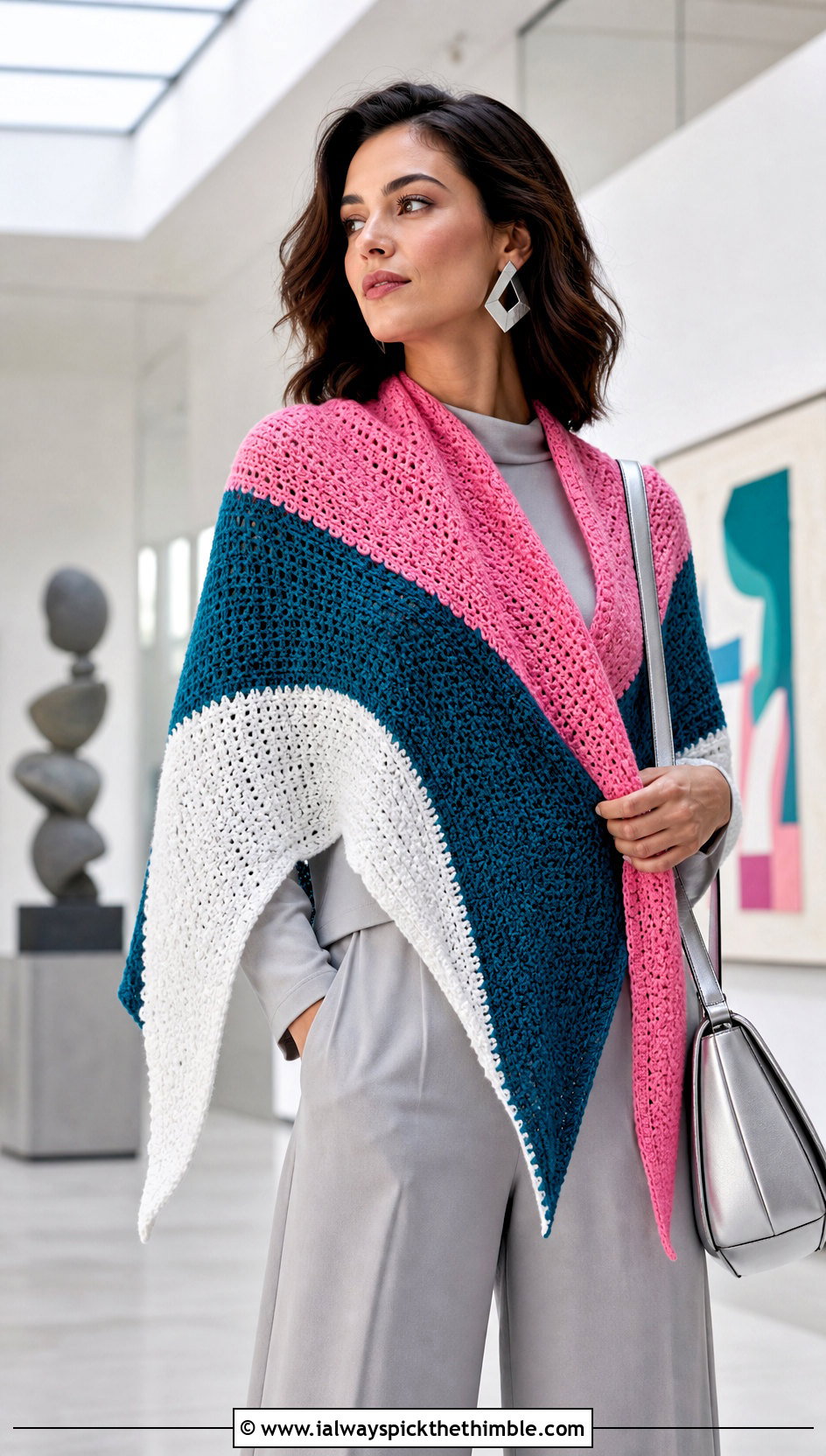 Color Block Boomerang Wingspan Shawl With Monochrome Separates - 15 Crochet Wingspan Shawl outfit ideas