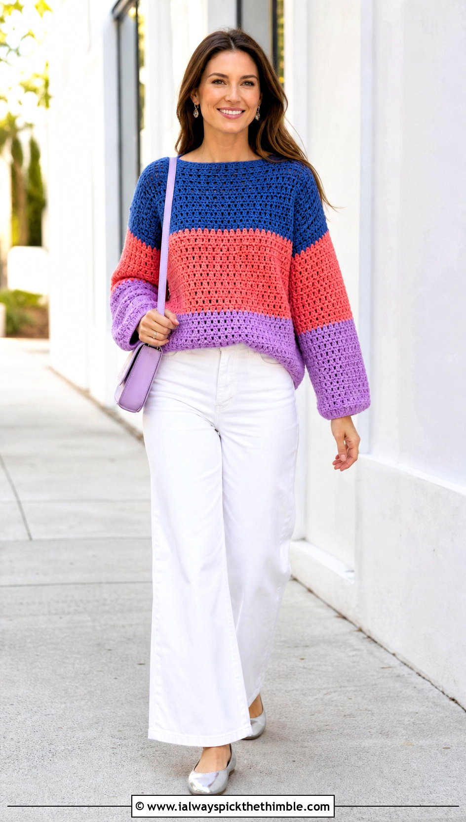 Color Block Bottom Up Crochet Sweater With White Jeans - 20 bottom up crochet sweater outfit ideas