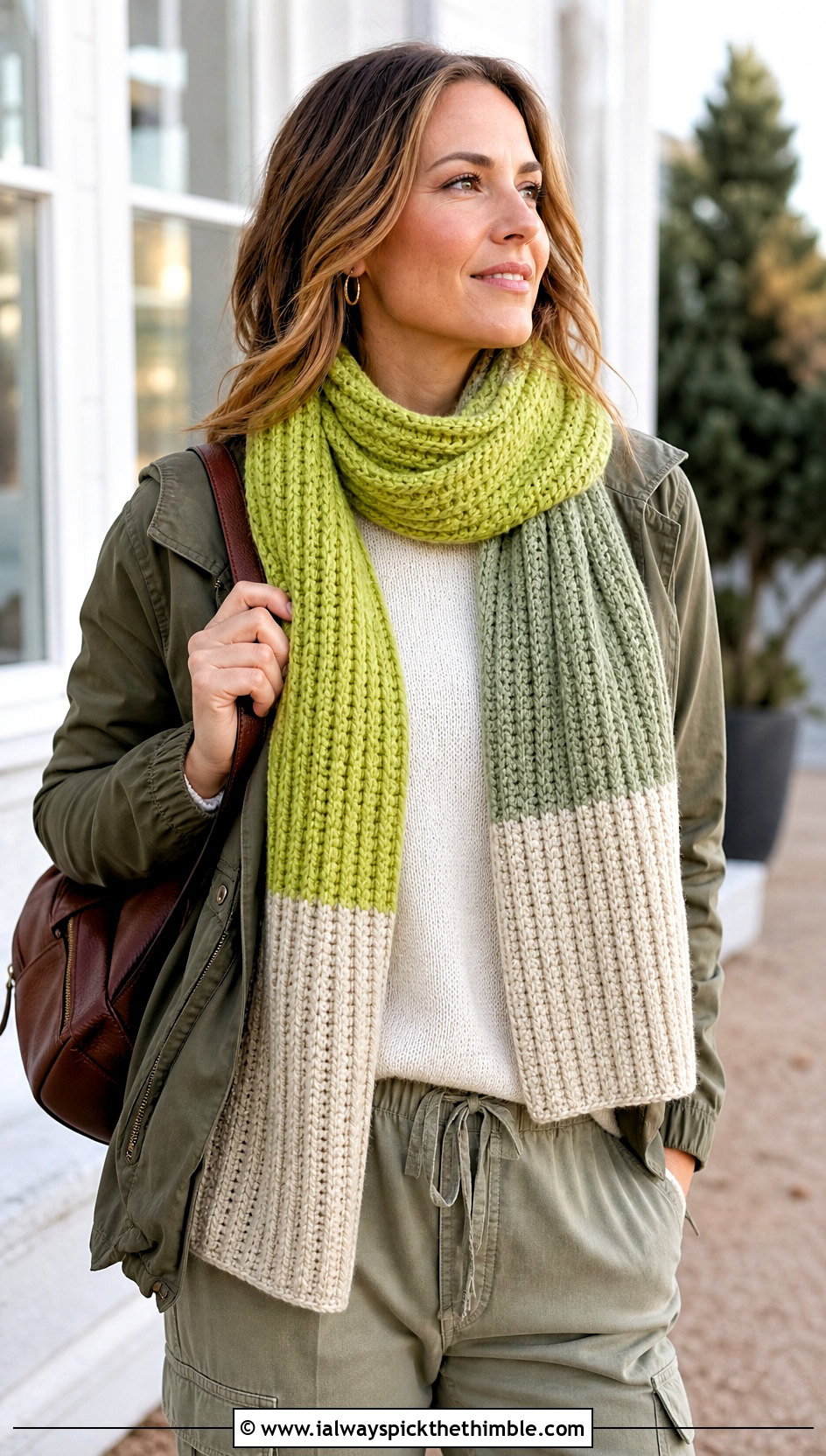 Color Block Brioche Crochet Scarf With Utility Jacket - 20 Brioche Crochet Scarf outfit ideas