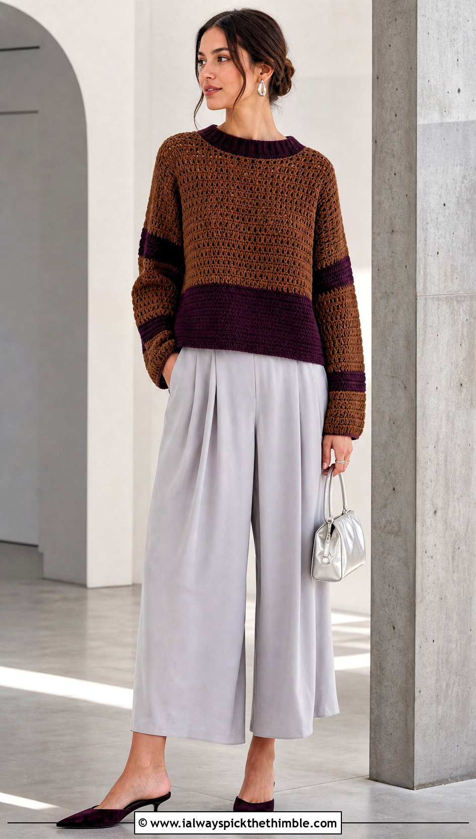 Color Block Brown Crochet Sweater With Culottes - 25 crochet brown sweater outfit ideas