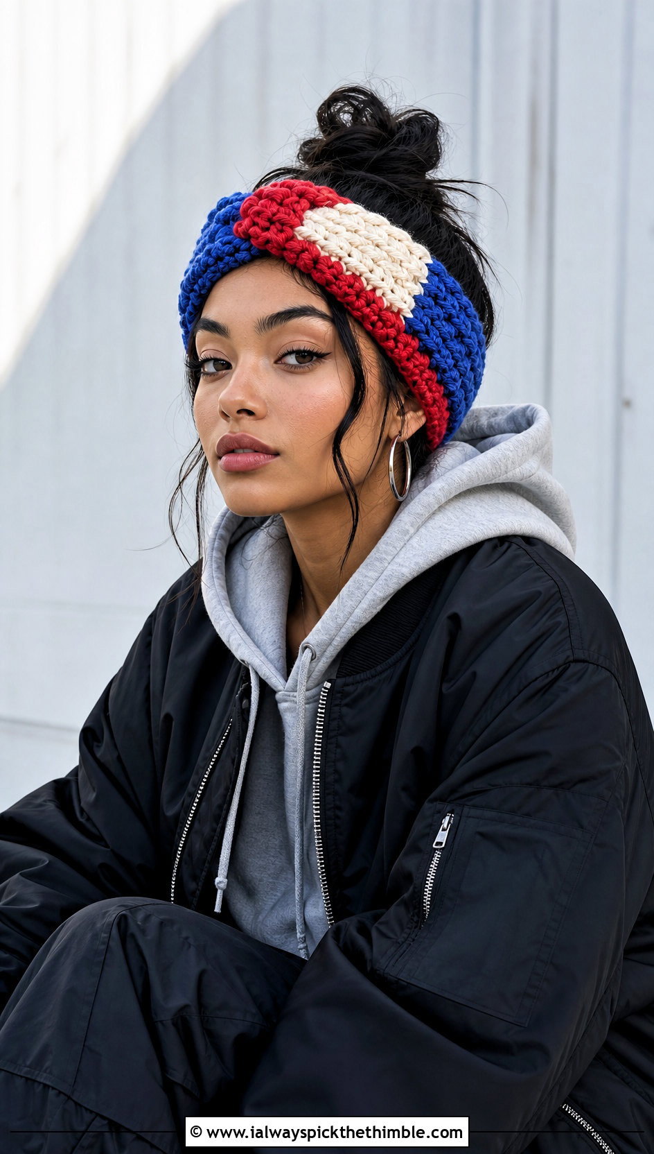 Color Block Bulky Crochet Ear Warmer With Bomber Jacket - 20 Bulky Crochet Ear Warmer outfit ideas