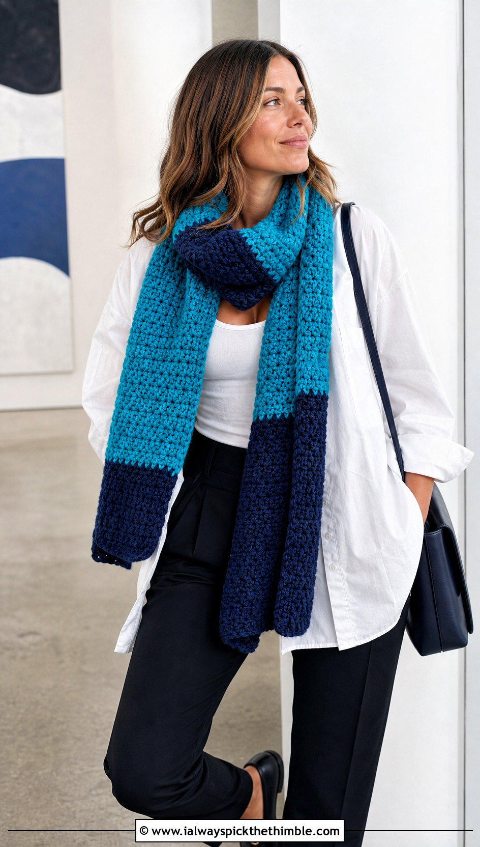 Color Block Bulky Crochet Scarf With White Shirt - 20 bulky crochet scarf outfit ideas
