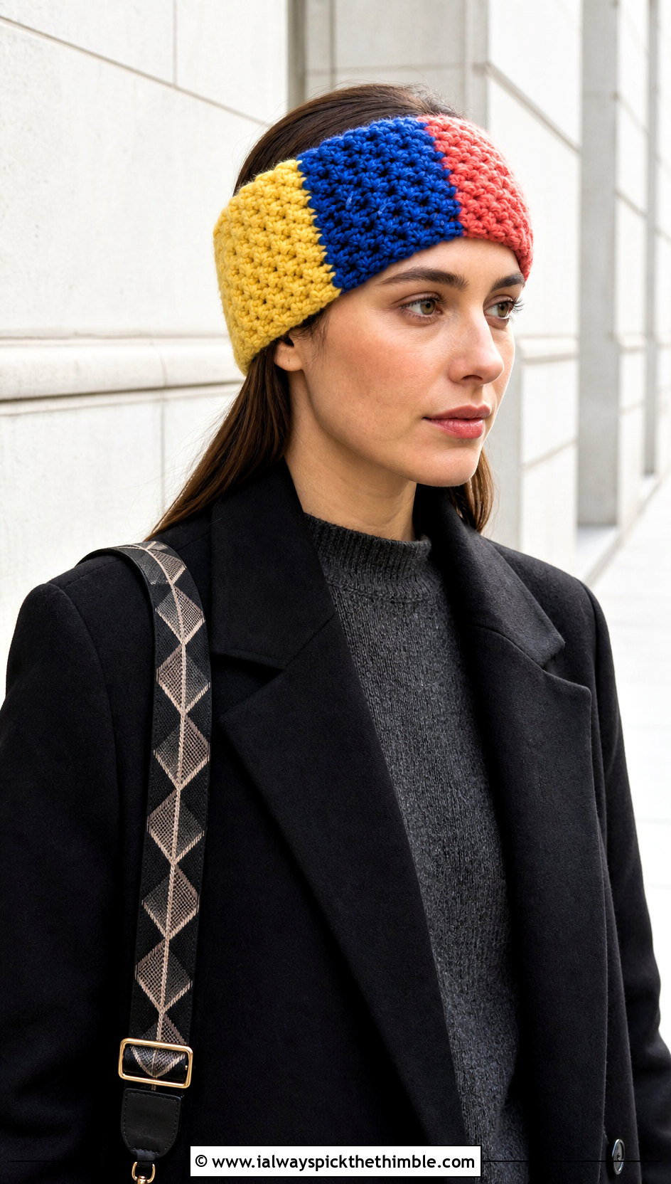 Color Block Bulky Yarn Crochet Ear Warmer With Long Coat - 20 Bulky Yarn Crochet Ear Warmer outfit ideas