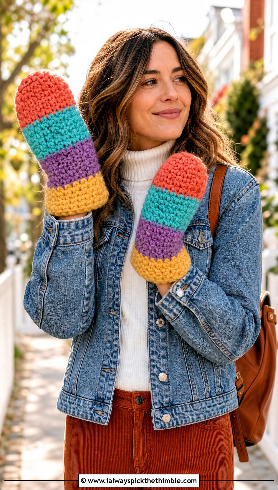 Color Block Bulky Yarn Crochet Mittens With Denim Jacket And Corduroy Pants - 20 Crochet Mittens Bulky Yarn outfit ideas