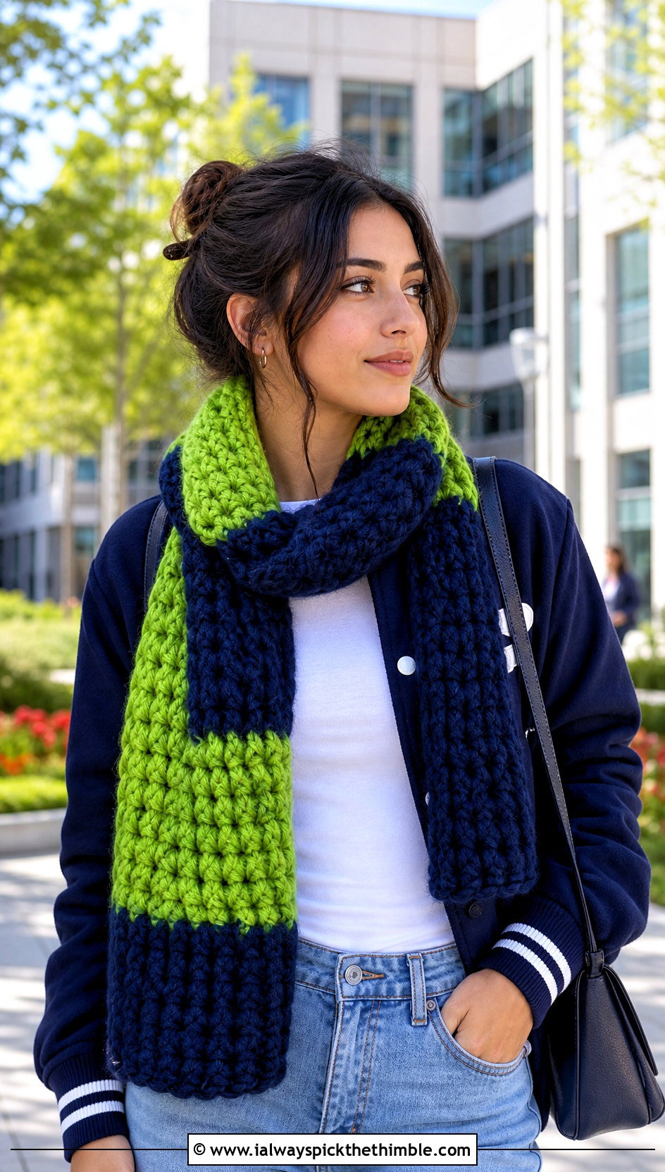 Color Block Bulky Yarn Crochet Scarf With Varsity Jacket - 20 bulky yarn crochet scarf outfit ideas