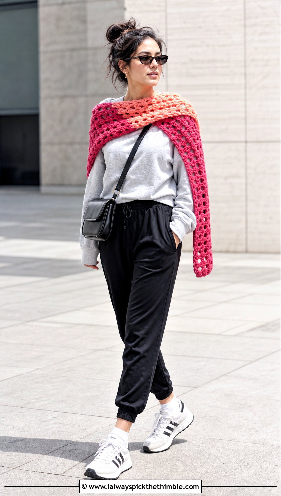 Color Block Bulky Yarn Crochet Shawl With Track Pants - 20 Bulky Yarn Crochet Shawl outfit ideas