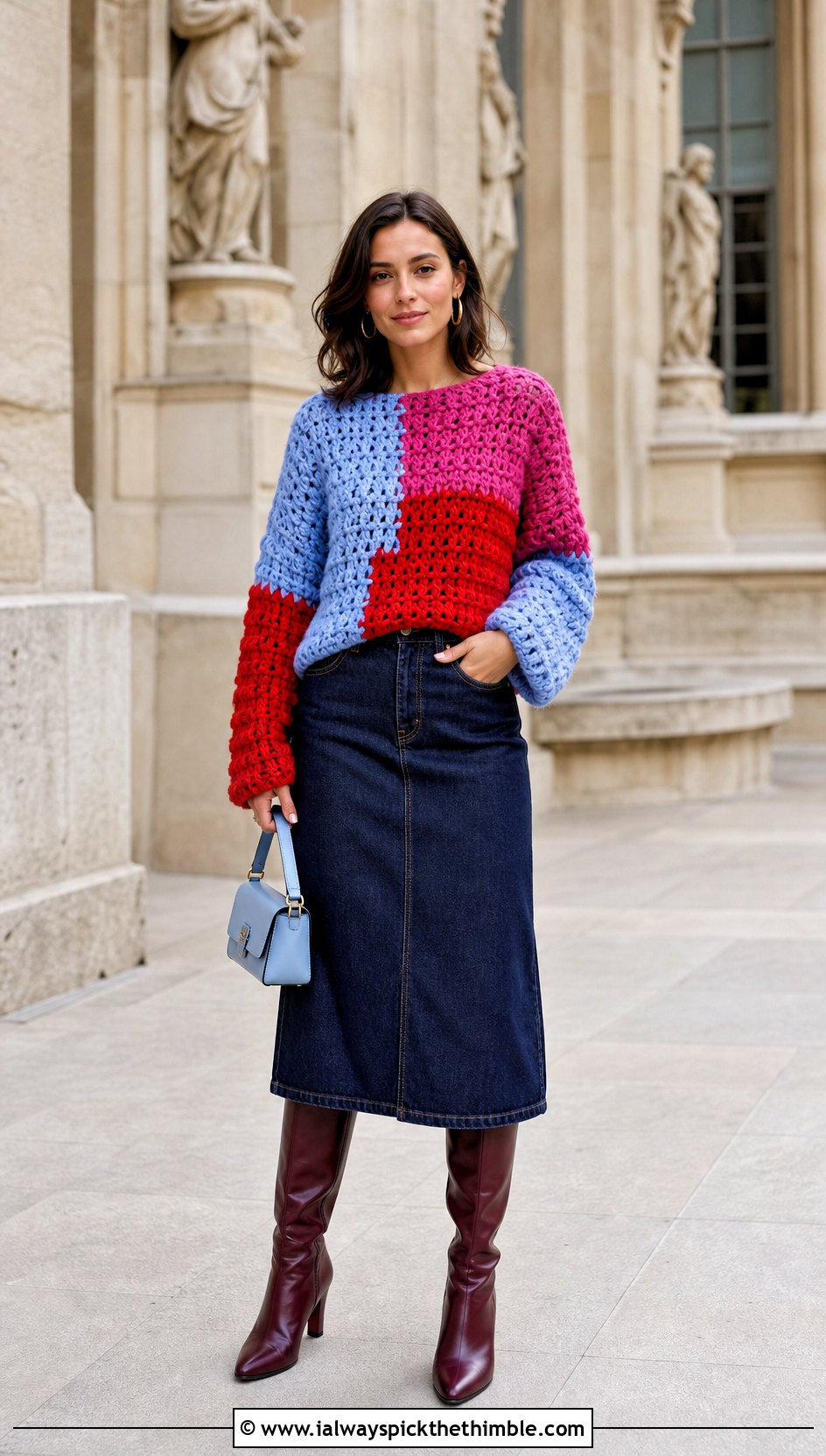 Color Block Bulky Yarn Crochet Sweater With Denim Midi Skirt - 20 bulky yarn crochet sweater outfit ideas