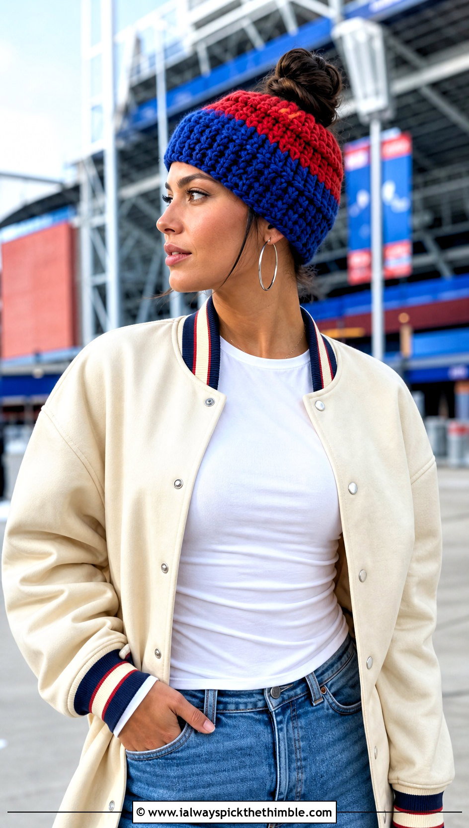 Color Block Bun Beanie With Varsity Jacket - 15 bun crochet hat outfit ideas