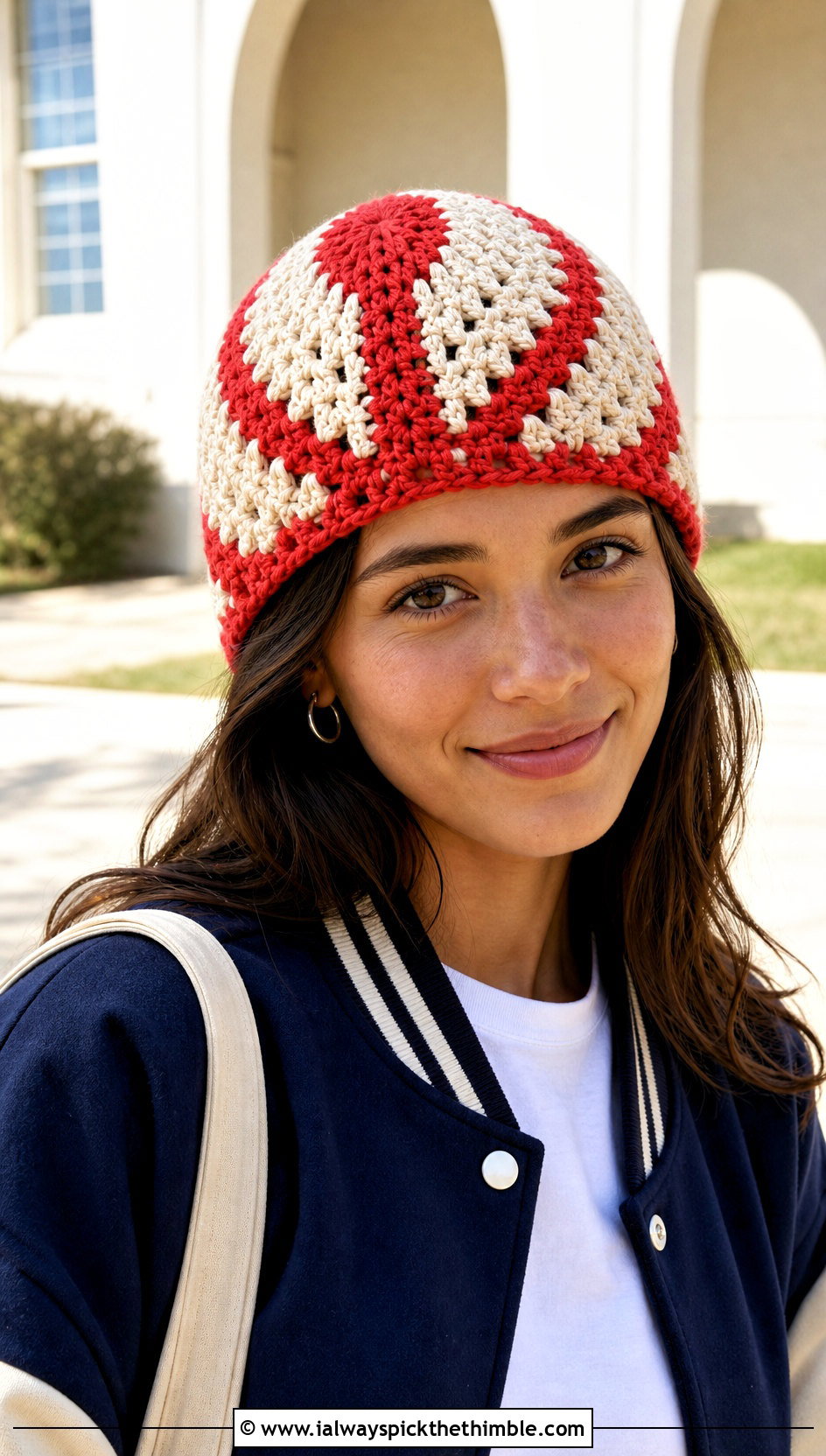 Color Block Burst Crochet Beanie With Varsity Jacket - 15 burst crochet beanie outfit ideas