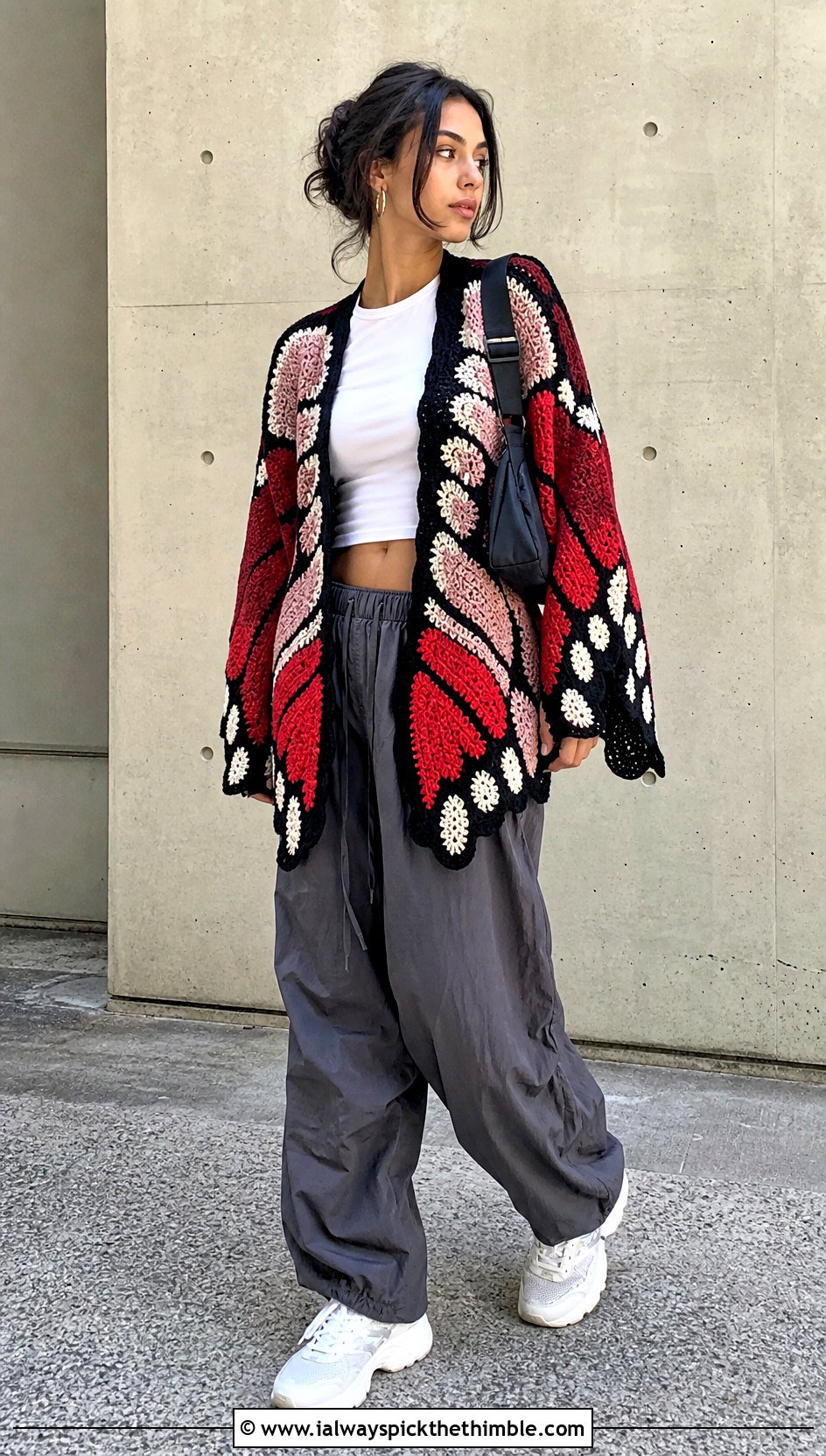 Color Block Butterfly Crochet Cardigan With Parachute Pants - 25 crochet butterfly cardigan outfit ideas