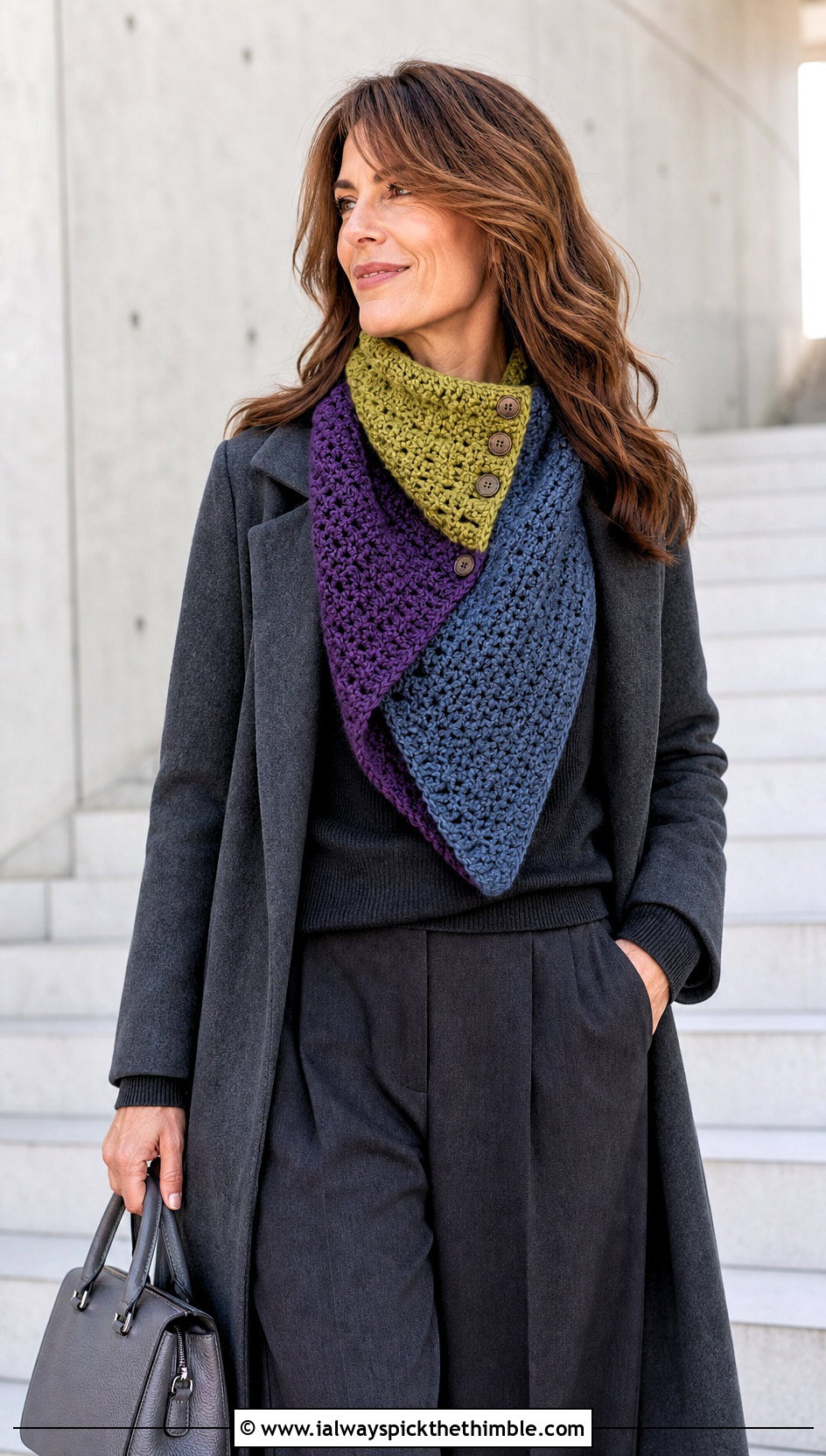Color Block Button Cowl With Monochrome Outfit - 20 crochet button cowl outfit ideas