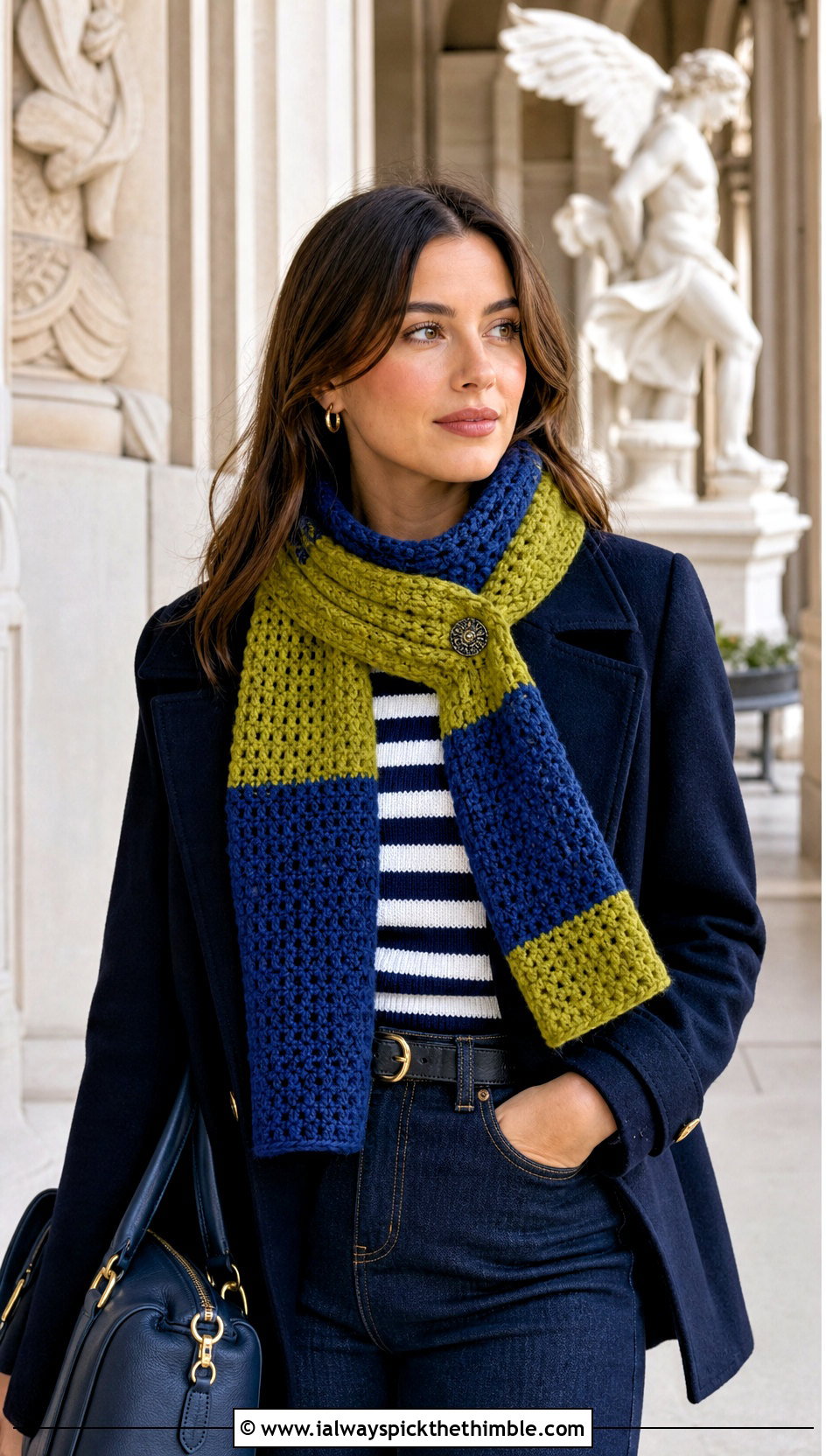 Color Block Button Winter Wishes Crochet Scarf With Peacoat - 15 Winter Wishes Crochet Scarf outfit ideas