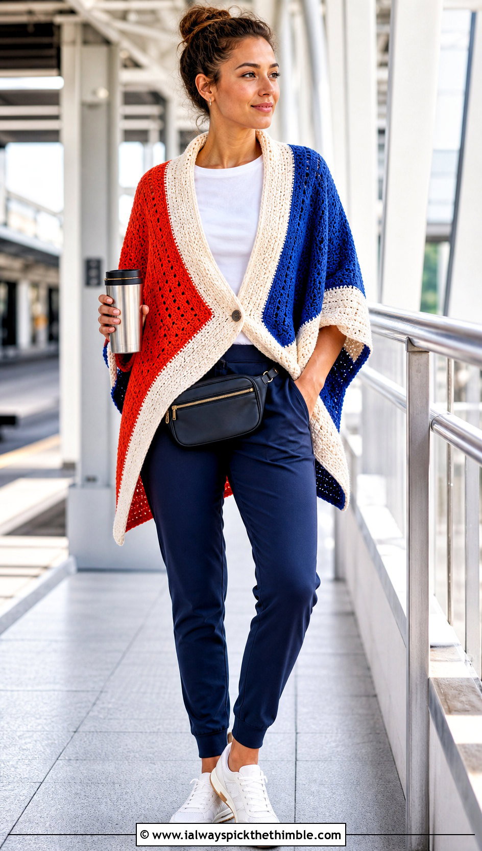 Color Block Buttoned Crochet Wrap With Joggers - 15 Buttoned Crochet Wrap outfit ideas