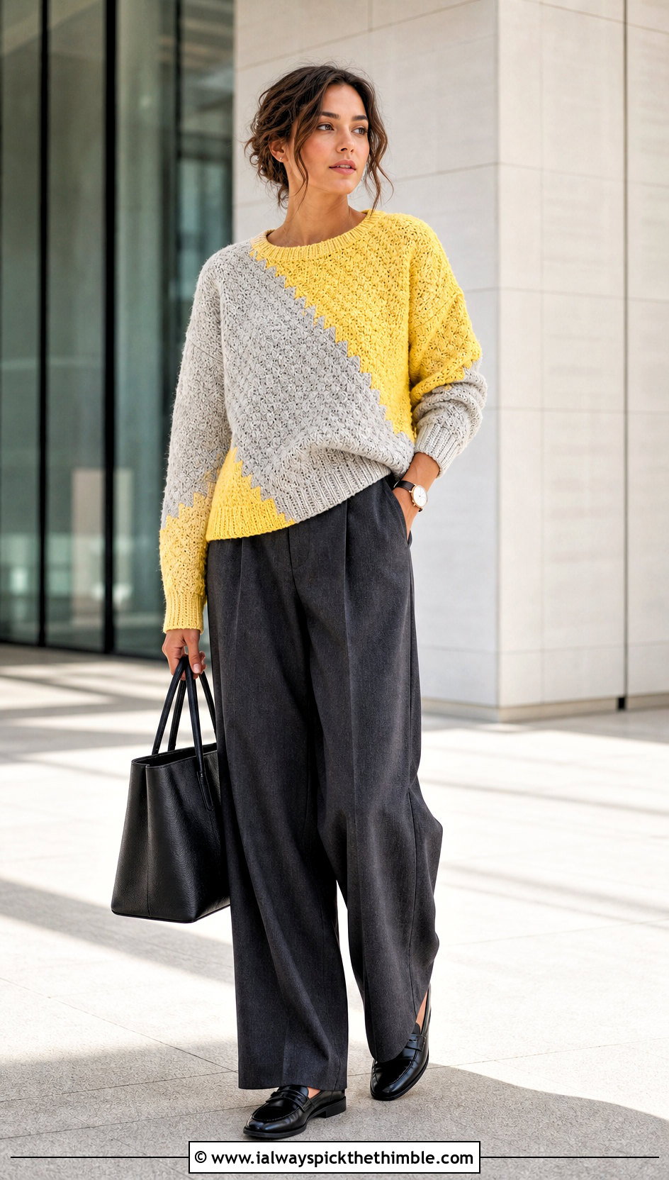 Color Block C2C Crochet Sweater With Tailored Trousers - 20 c2c crochet sweater outfit ideas