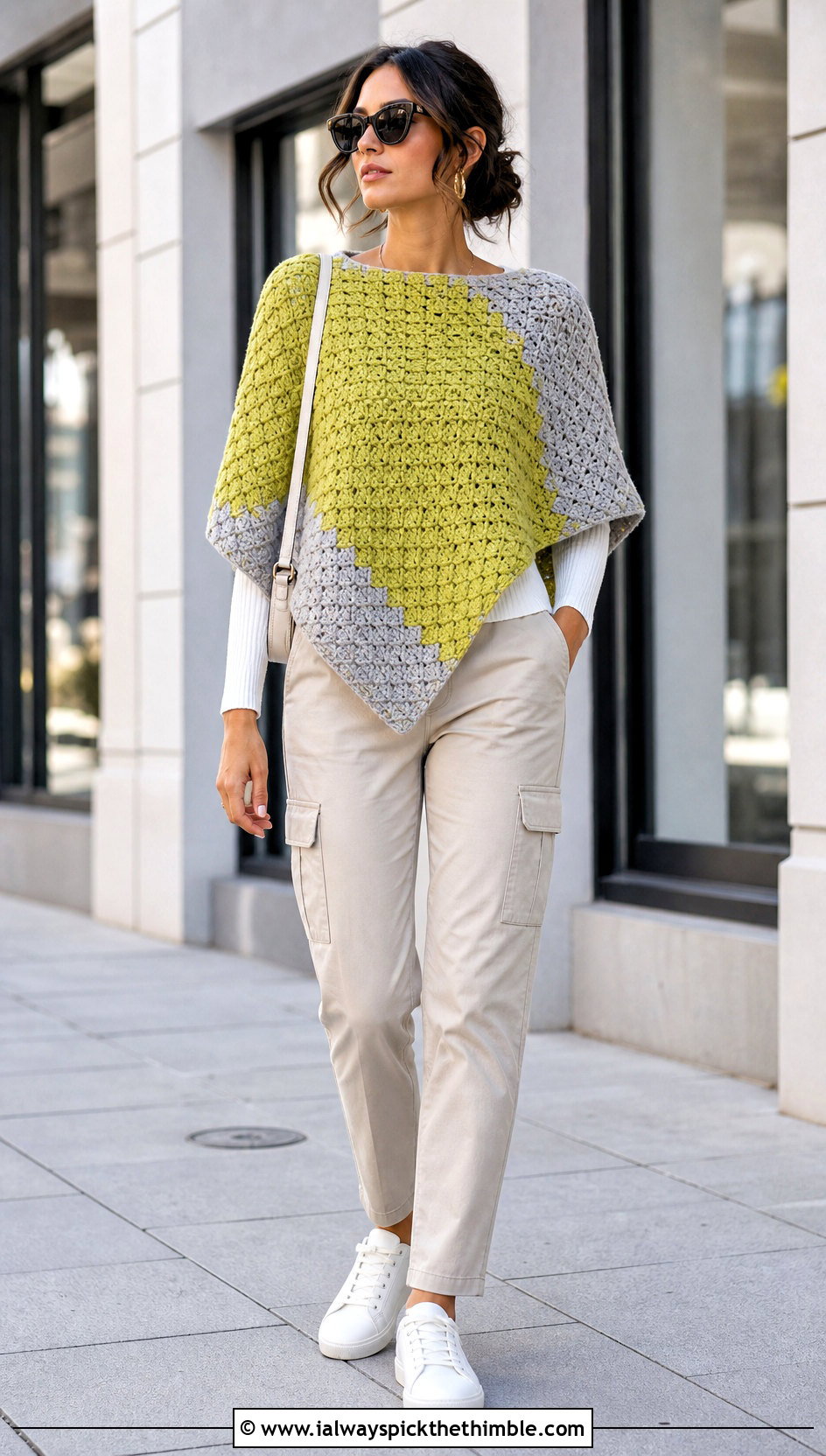 Color Block C2C Poncho With Cargo Pants - 15 Crochet C2C Poncho outfit ideas