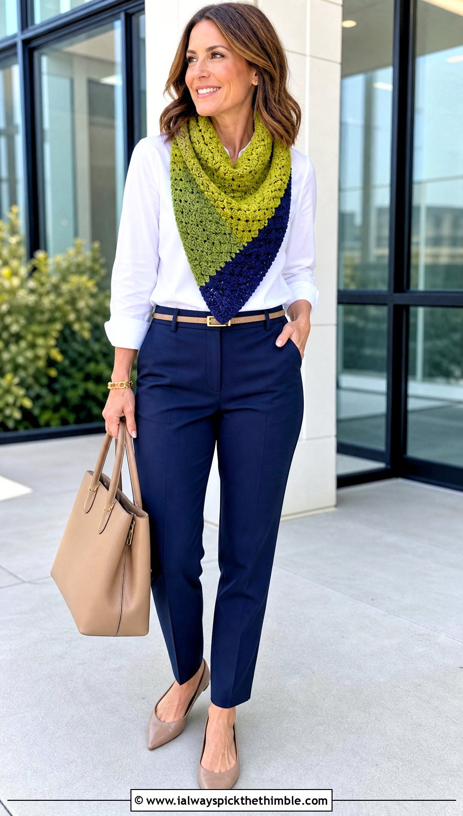 Color Block C2C Triangle Scarf With White Shirt And Trousers - 25 c2c crochet scarf outfit ideas
