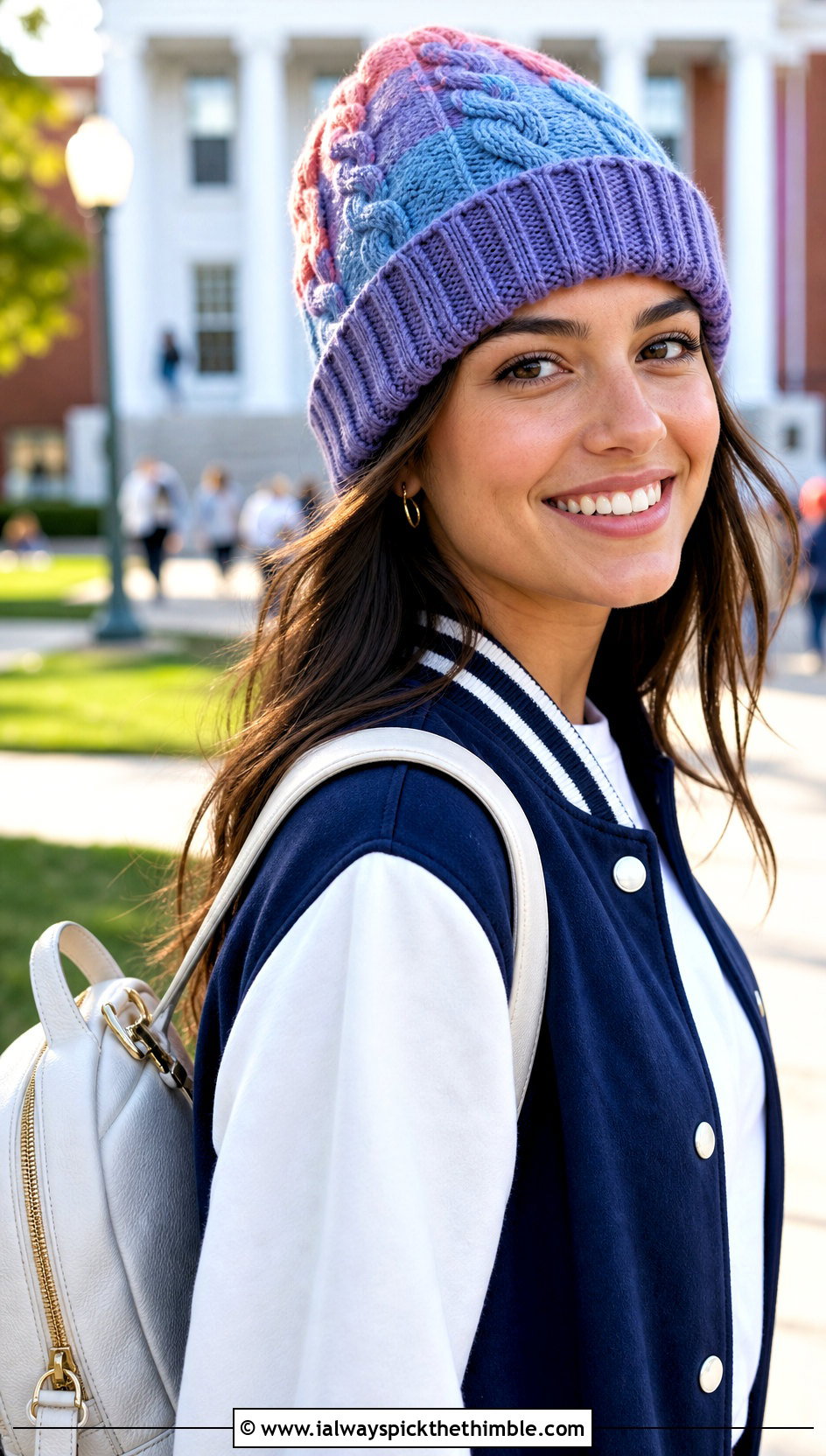 Color Block Cable Stitch Beanie With Varsity Jacket - 20 Crochet Cable Stitch Beanie outfit ideas