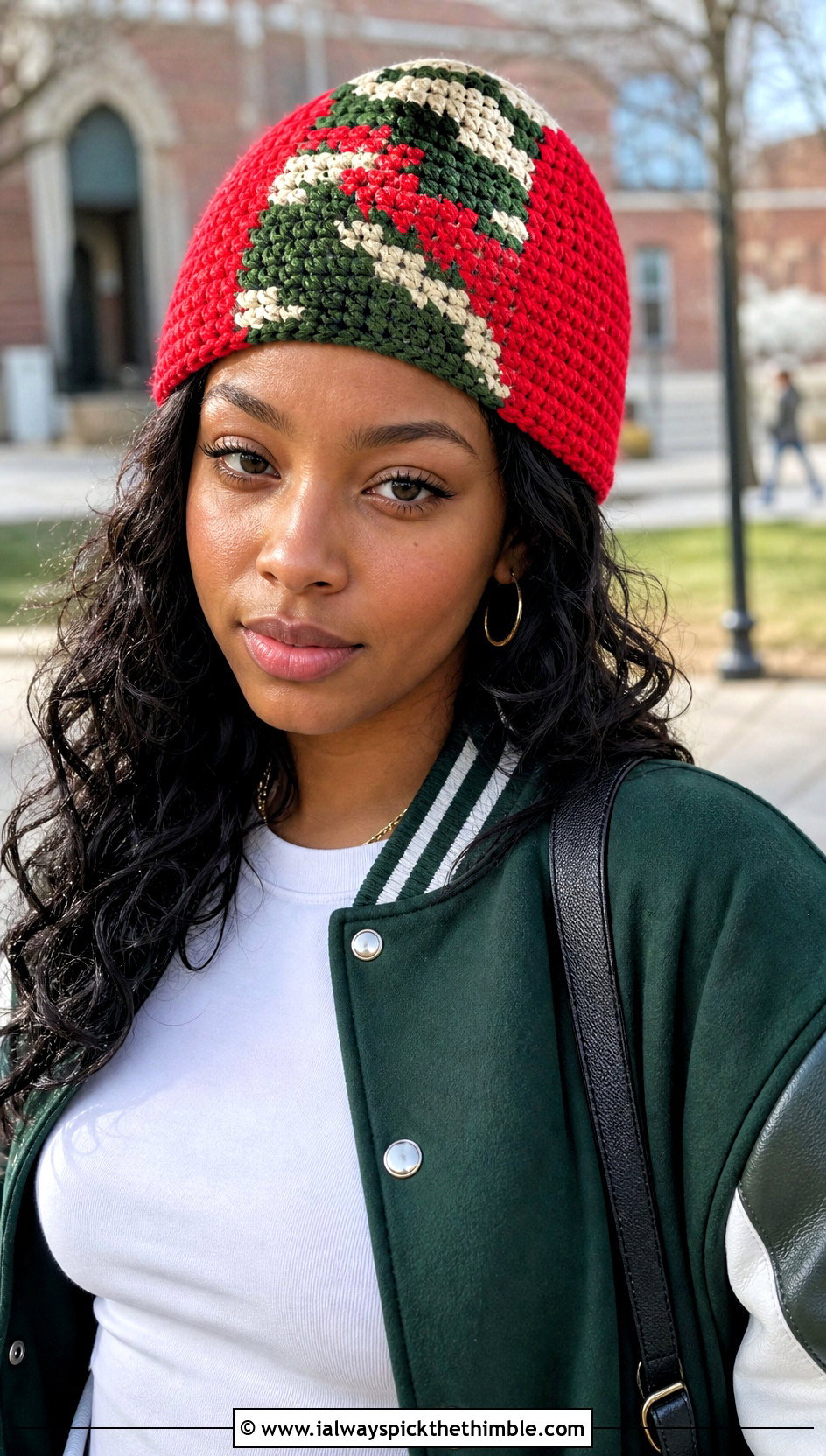 Color Block Camo Crochet Beanie With Varsity Jacket - 20 Camo Beanie Crochet Hat outfit ideas