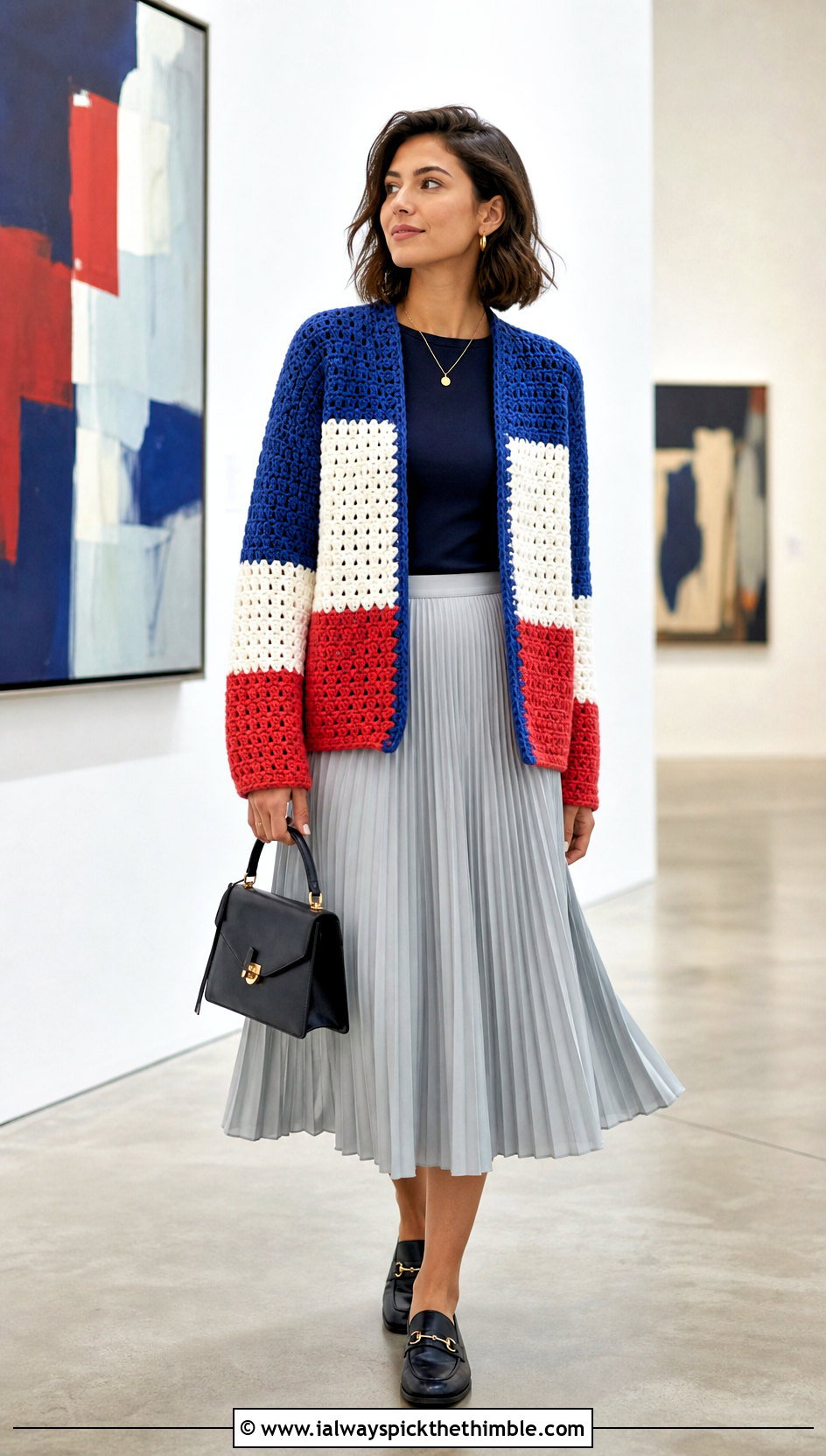 Color Block Campfire Cardigan With Pleated Midi Skirt - 20 crochet campfire cardigan outfit ideas