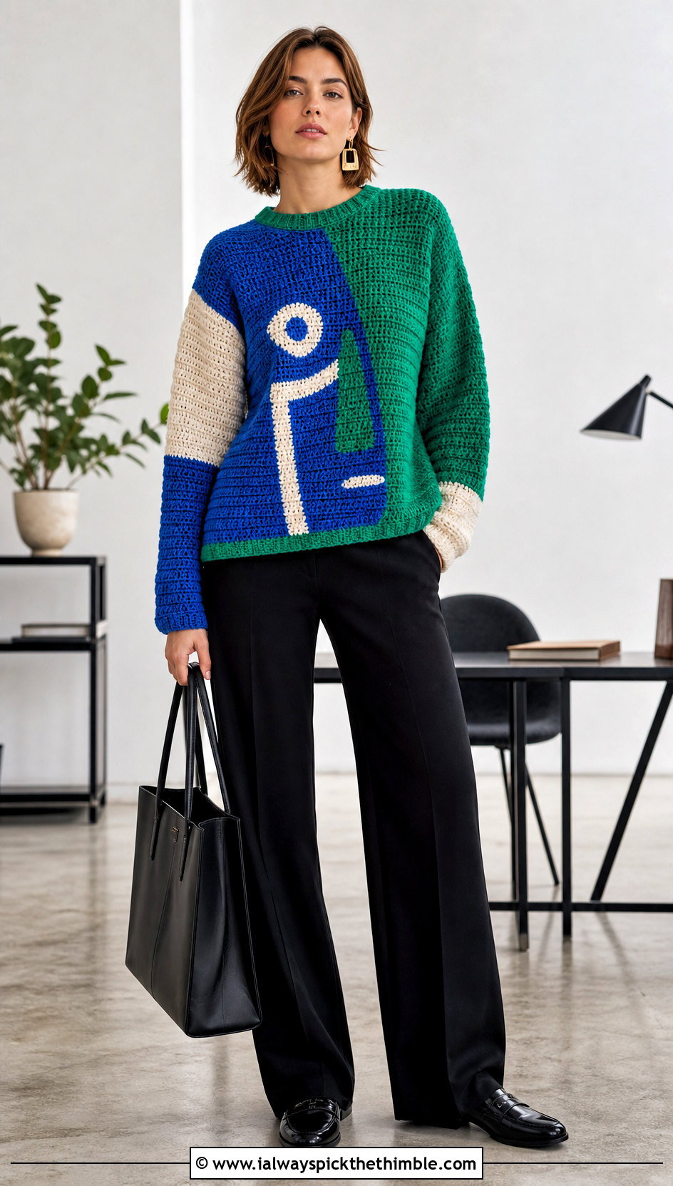 Color Block Character Crochet Sweater With Suit Pants - 20 Crochet Character Sweater outfit ideas