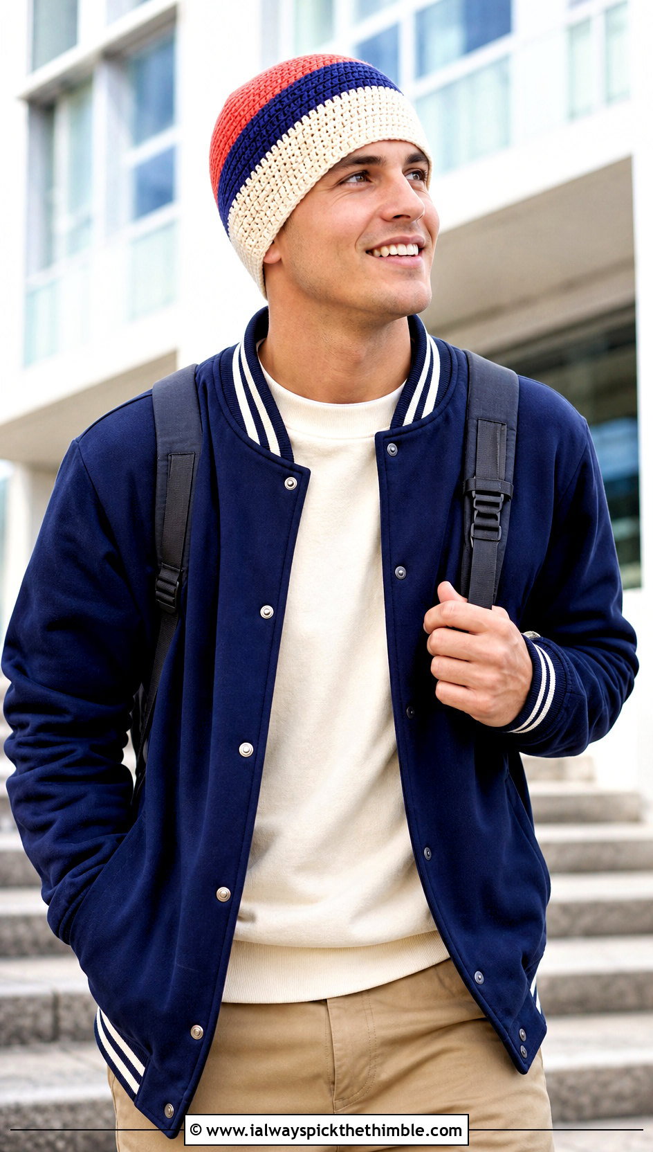 Color Block Chemo Cap With Varsity Jacket - 20 Crochet Chemo Caps For Men outfit ideas