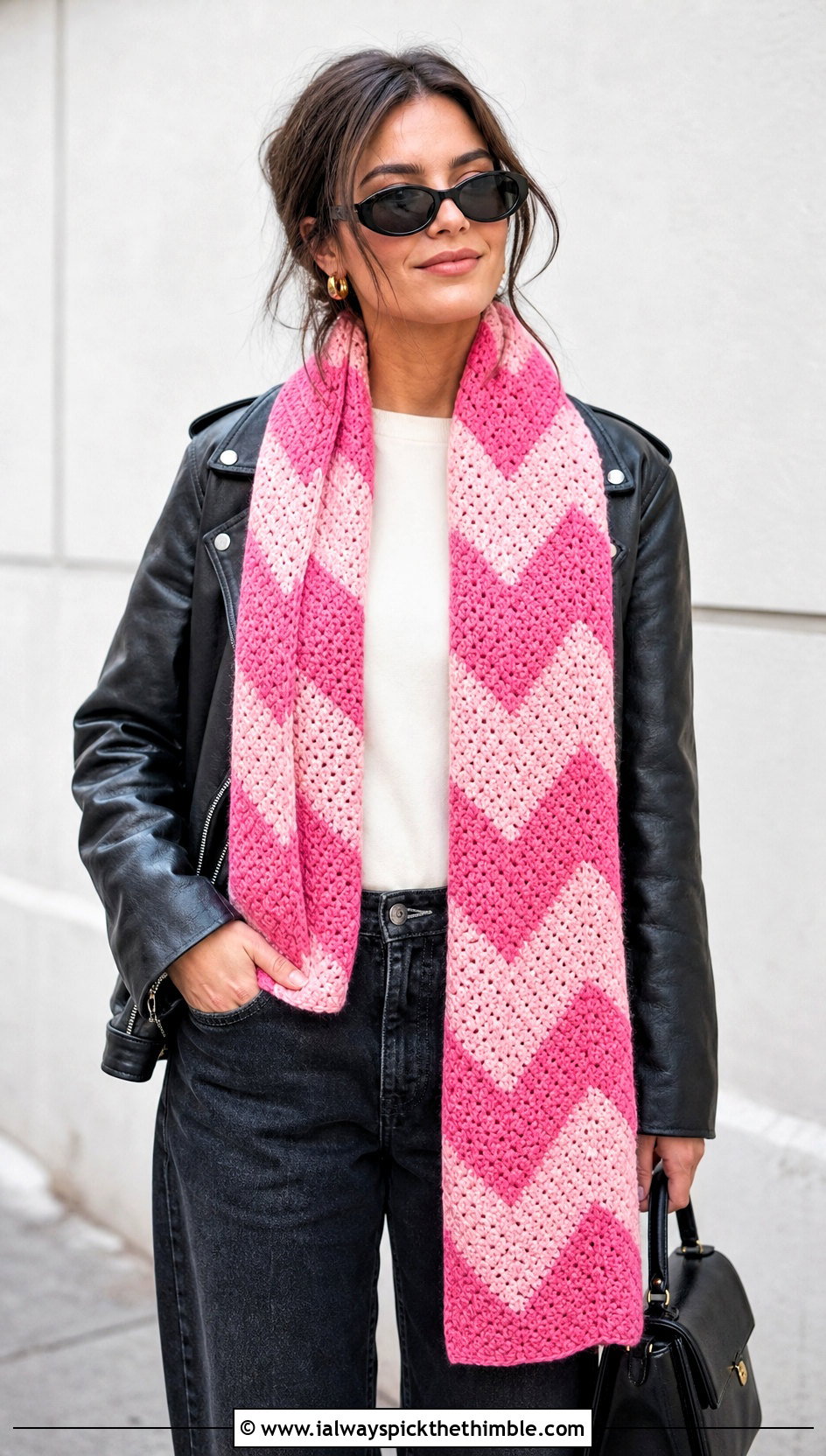 Color Block Chevron Zig Zag Crochet Scarf With Leather Jacket - 20 Zig Zag Crochet Scarf outfit ideas