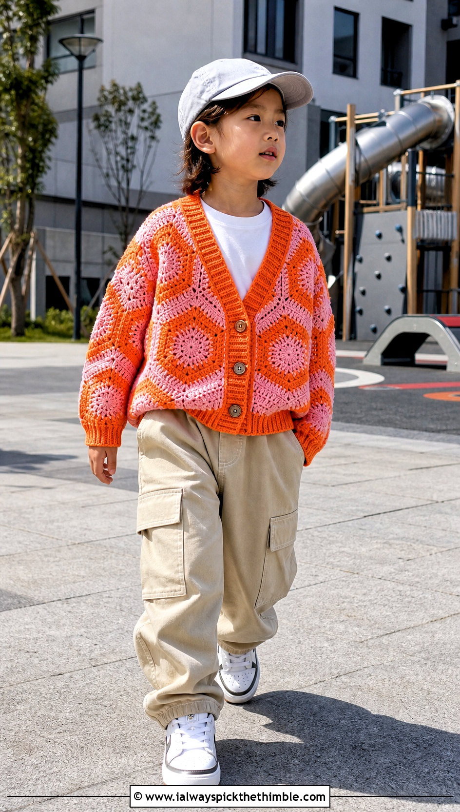 Color Block Childs Hexagon Cardigan With Cargo Pants - 15 Crochet Childs Hexagon Cardigan outfit ideas