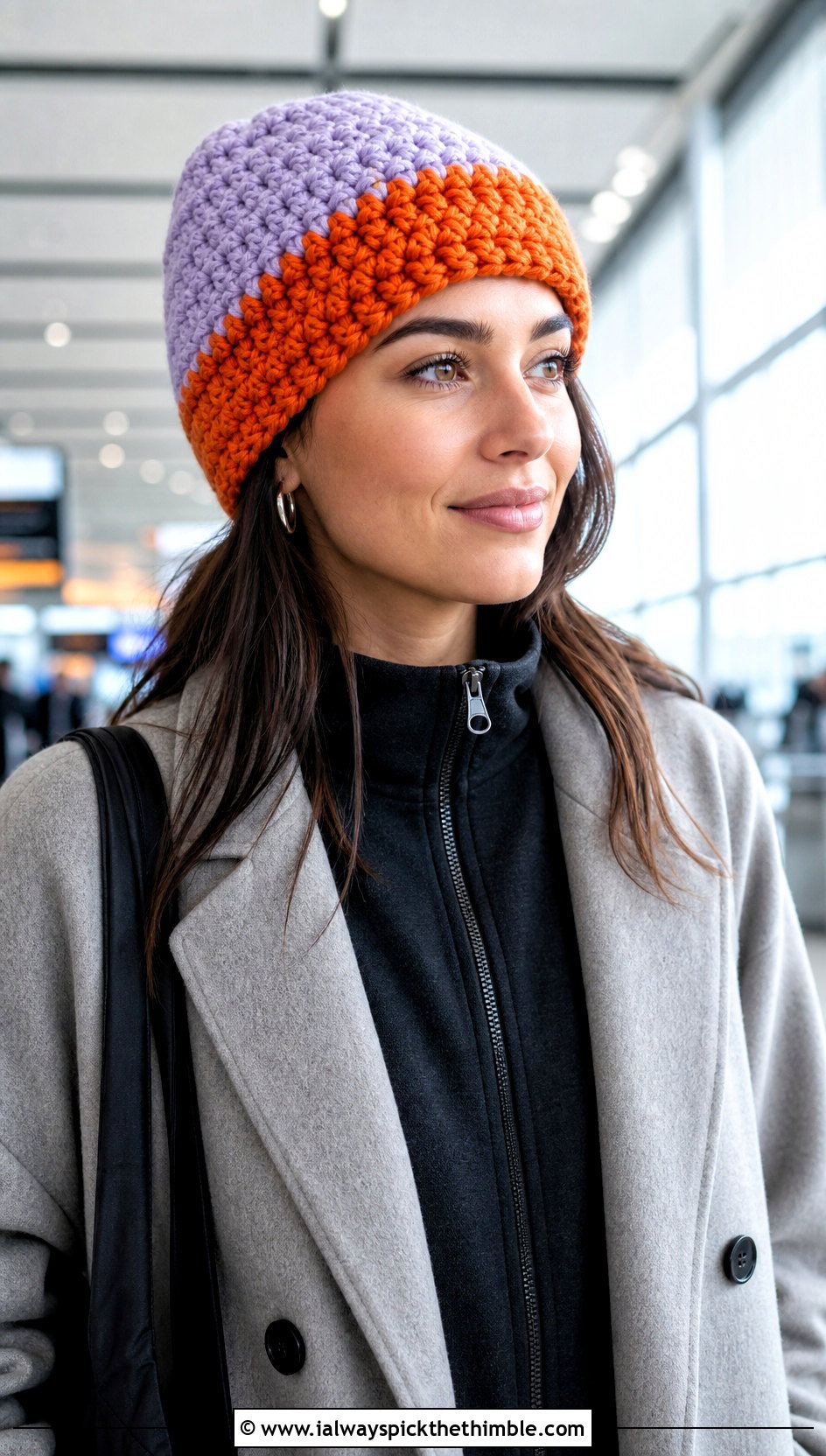 Color Block Chunky Crochet Beanie With Airport Lounge Set - 20 chunky yarn crochet hat outfit ideas
