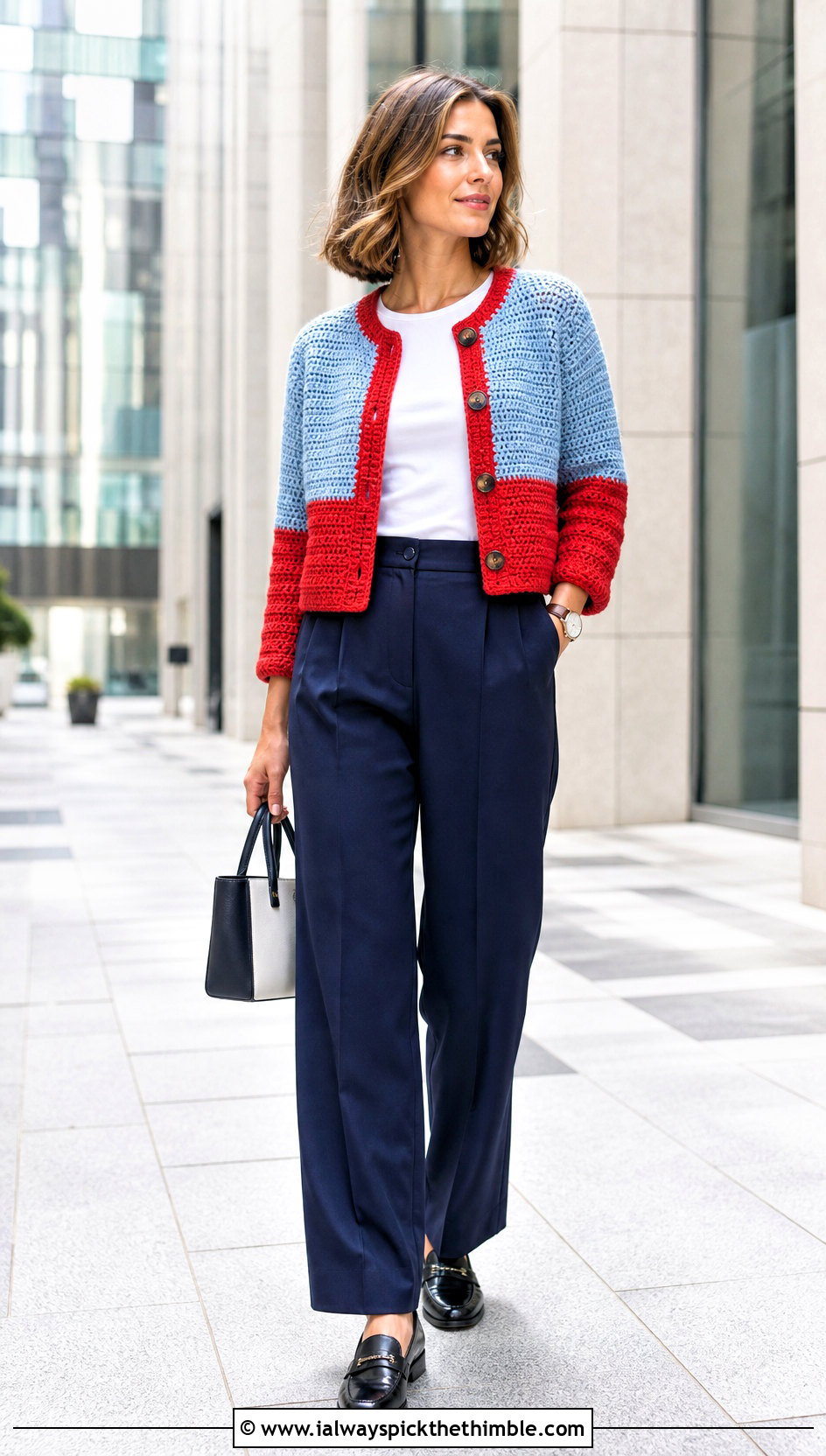 Color Block Chunky Crochet Cardigan With Pleated Trousers - 25 chunky crochet cardigan outfit ideas