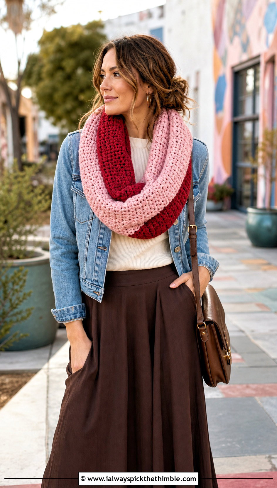 Color Block Chunky Crochet Infinity Scarf With Maxi Skirt - 20 Chunky Crochet Infinity Scarf outfit ideas