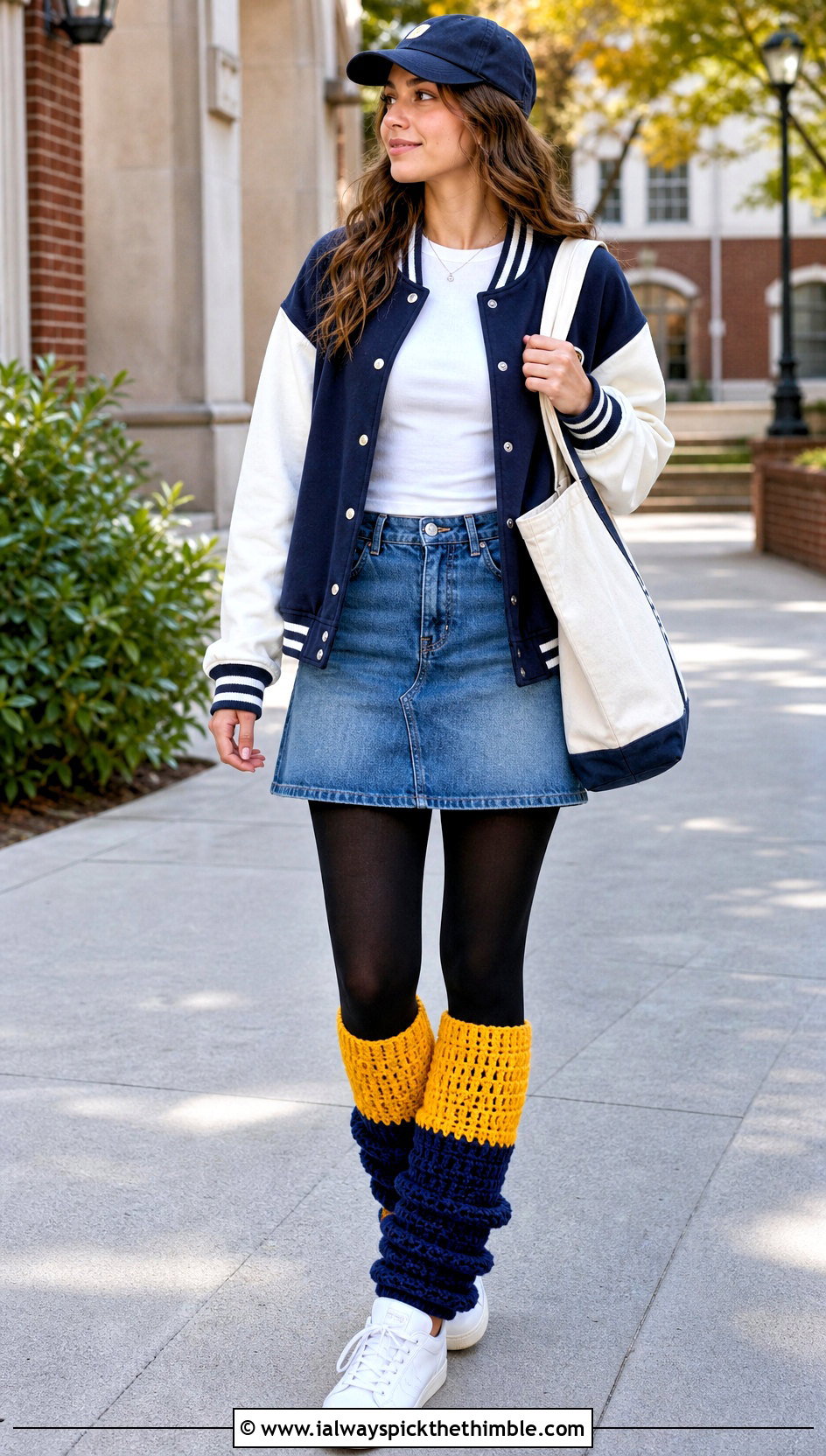 Color Block Chunky Crochet Leg Warmers With Varsity Jacket And Denim Skirt - 20 chunky crochet leg warmers outfit ideas