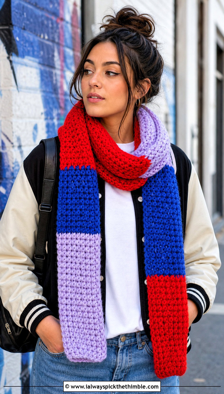 Color Block Chunky Crochet Scarf With Varsity Jacket - 25 chunky crochet scarf outfit ideas