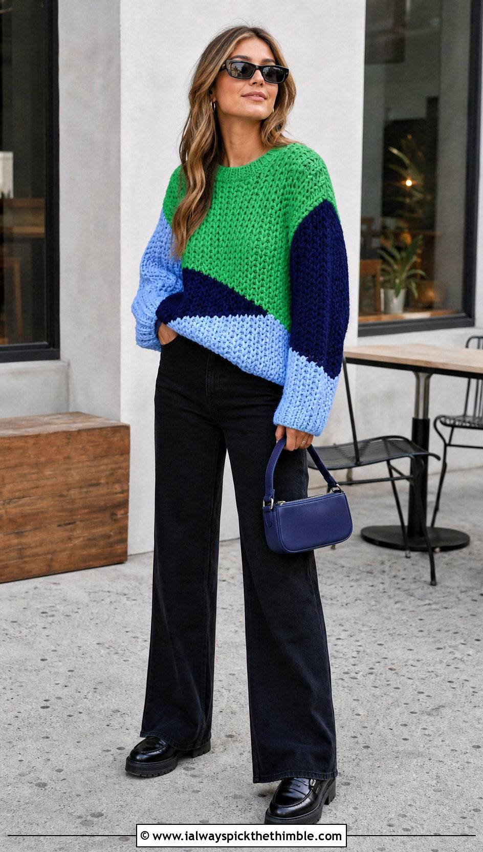 Color Block Chunky Crochet Sweater With Black Wide Leg Jeans - 20 Chunky Crochet Sweaters outfit ideas