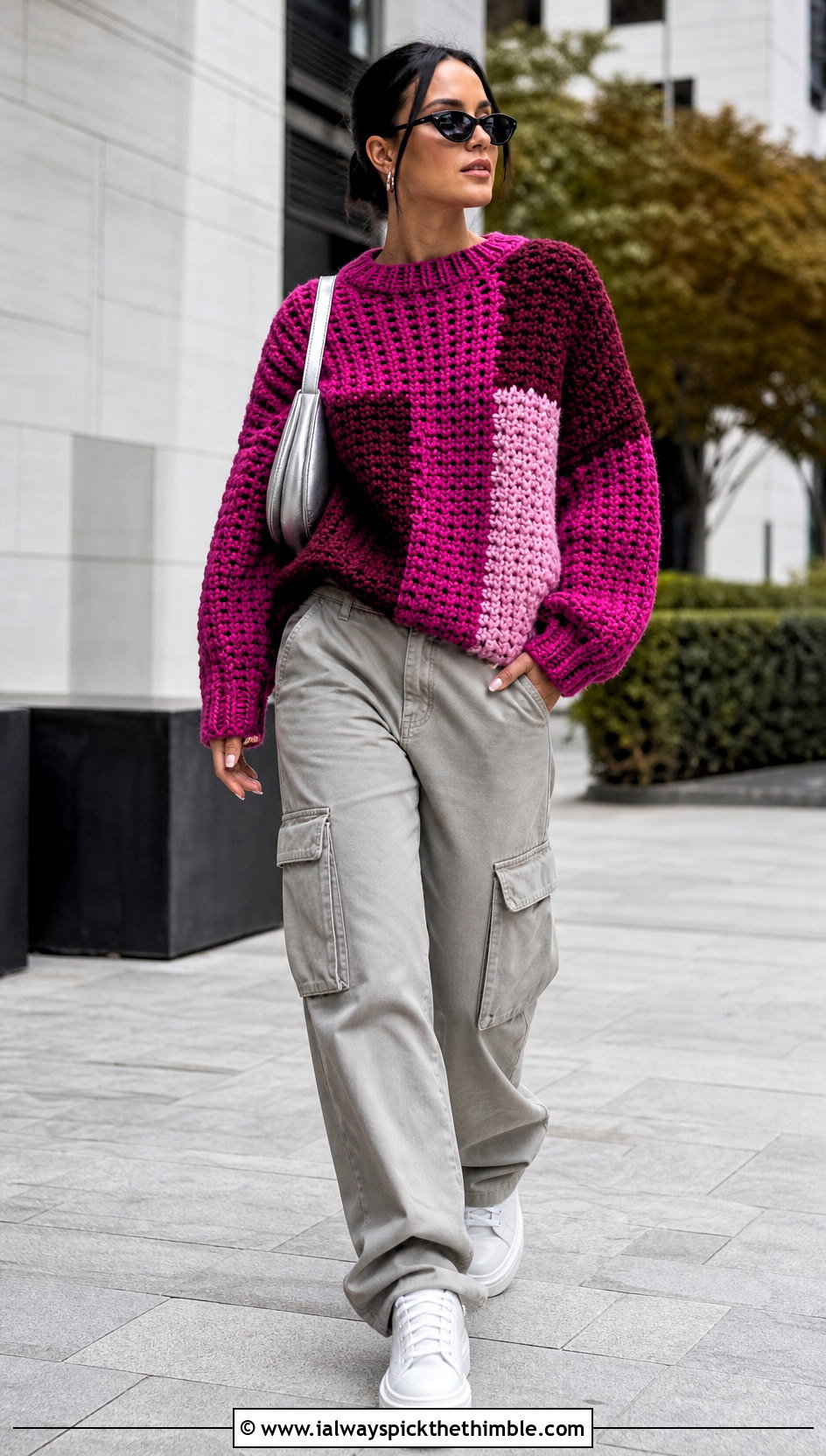 Color Block Chunky Crochet Sweater With Cargo Pants - 25 chunky crochet sweater outfit ideas