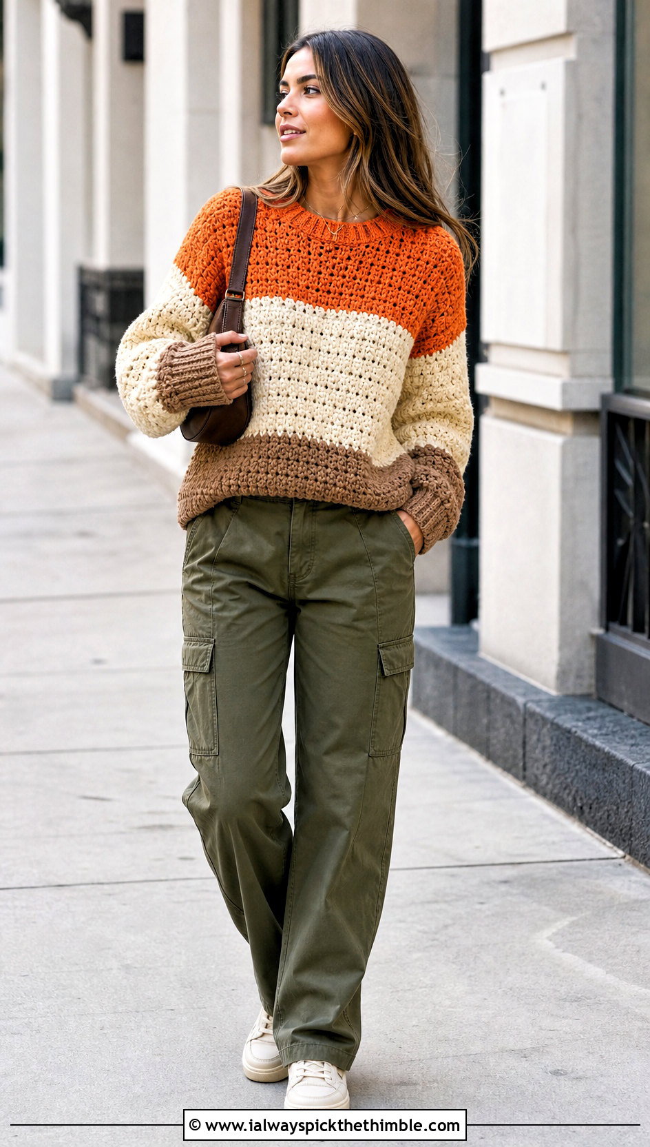 Color Block Chunky Crochet Sweater With Cargo Pants - 20 Easy Chunky Crochet Sweater outfit ideas