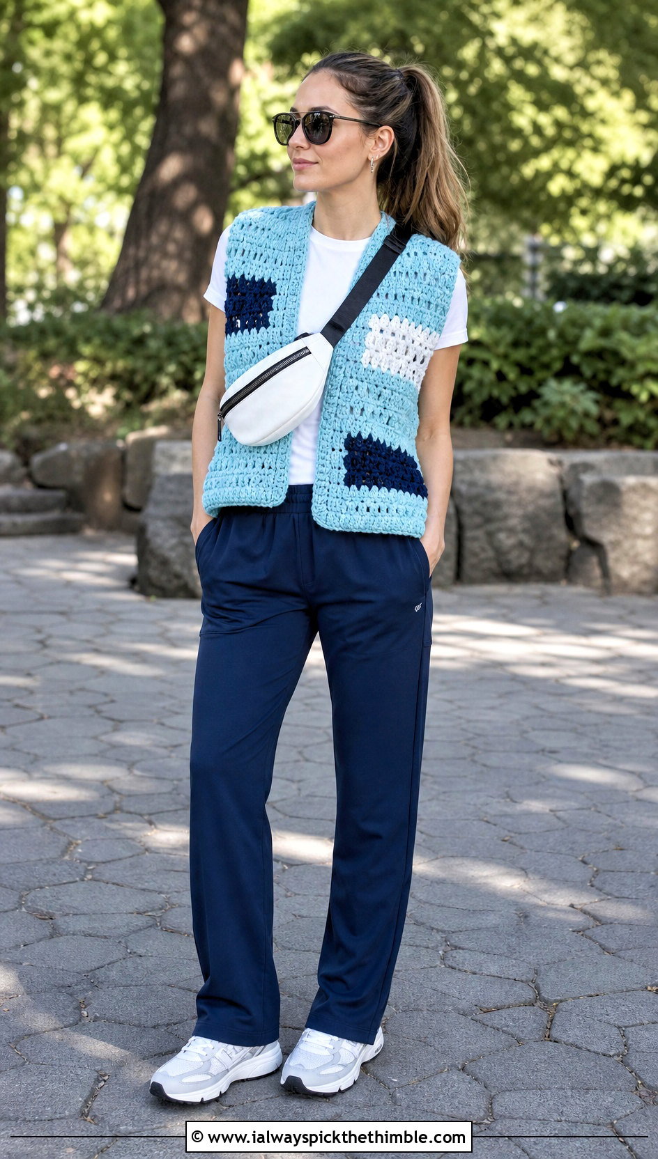 Color Block Chunky Crochet Vest With Track Pants - 20 Chunky Crochet Vest outfit ideas
