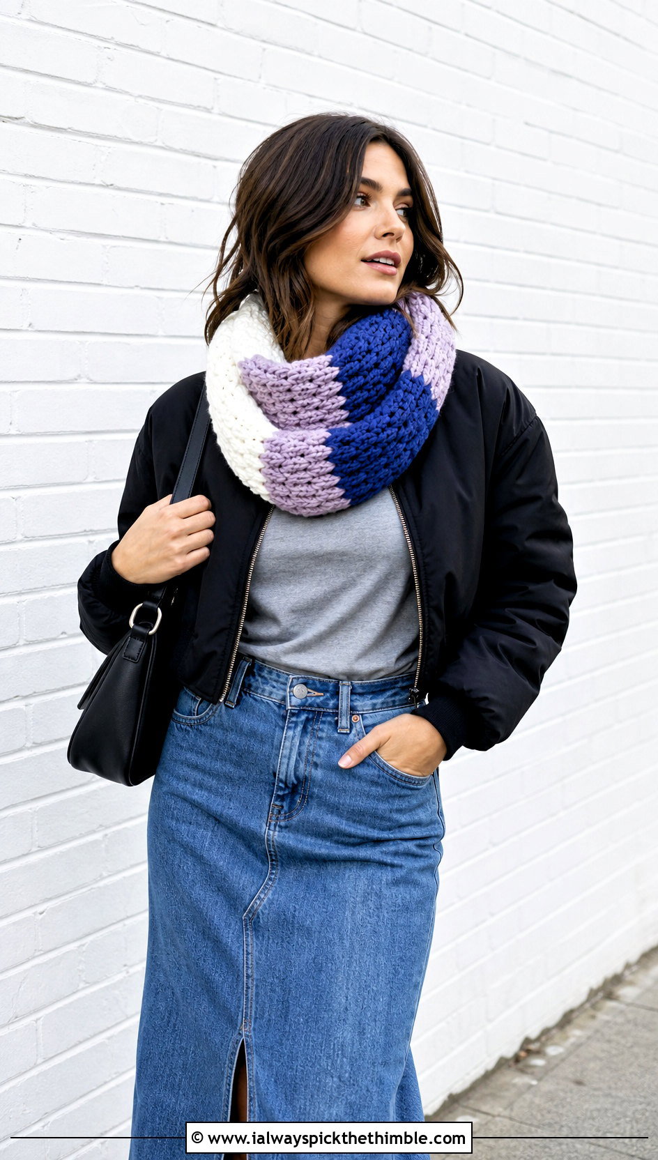 Color Block Chunky Yarn Crochet Cowl With Bomber Jacket And Denim Skirt - 20 Chunky Yarn Crochet Cowl outfit ideas