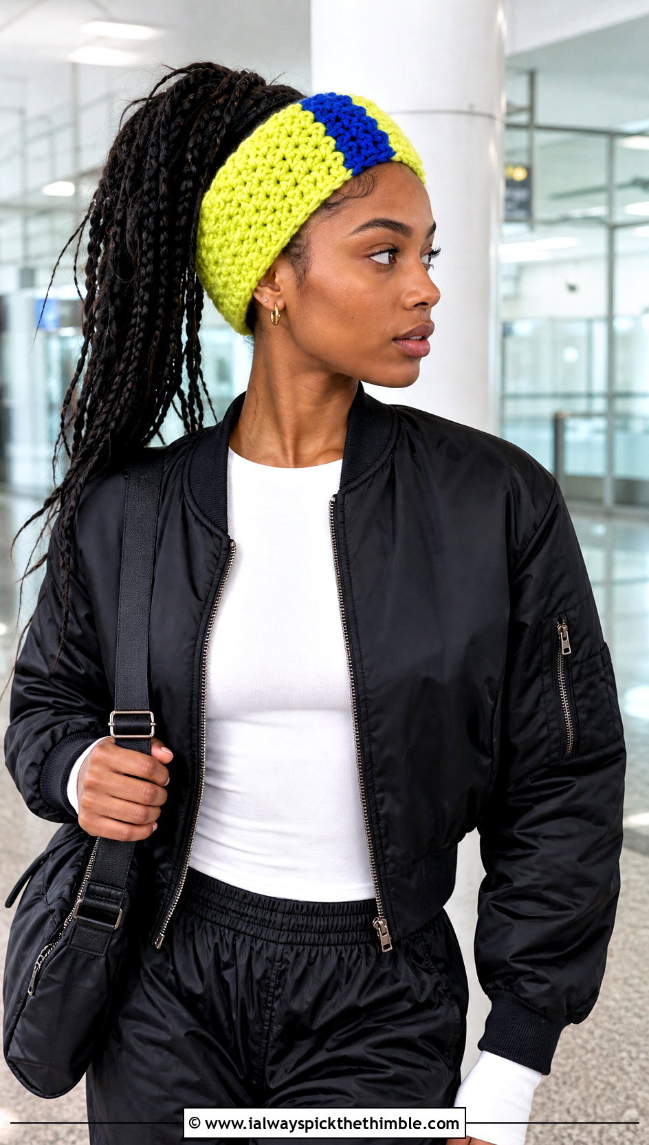 Color Block Chunky Yarn Crochet Ear Warmer With Bomber Jacket - 20 chunky yarn crochet ear warmer outfit ideas