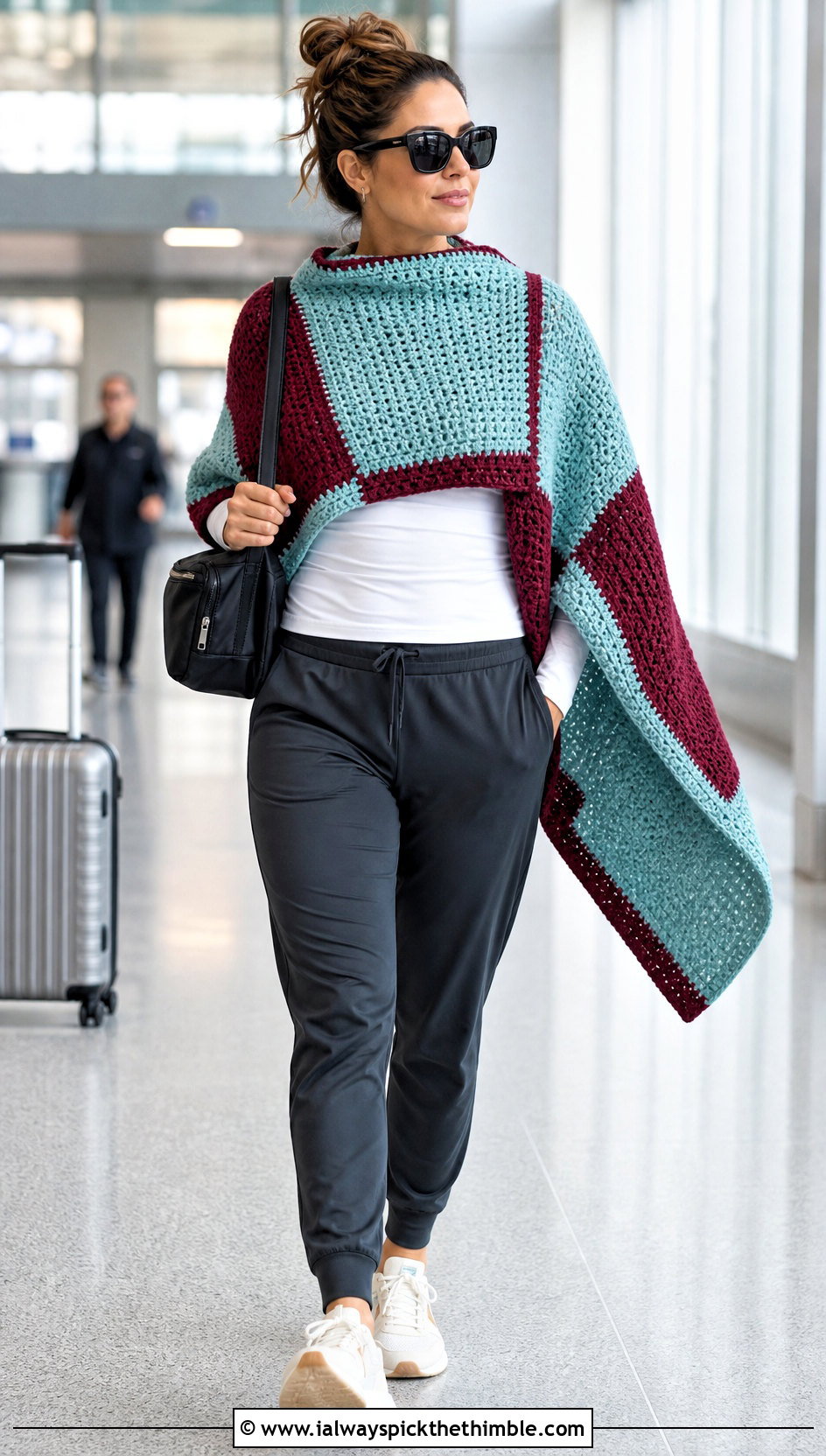 Color Block Chunky Yarn Crochet Poncho With Track Pants - 20 Chunky Yarn Crochet Poncho outfit ideas