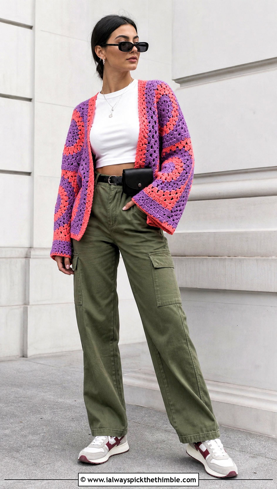 Color Block Circle Cardigan With Cargo Pants - 20 crochet circle cardigan outfit ideas