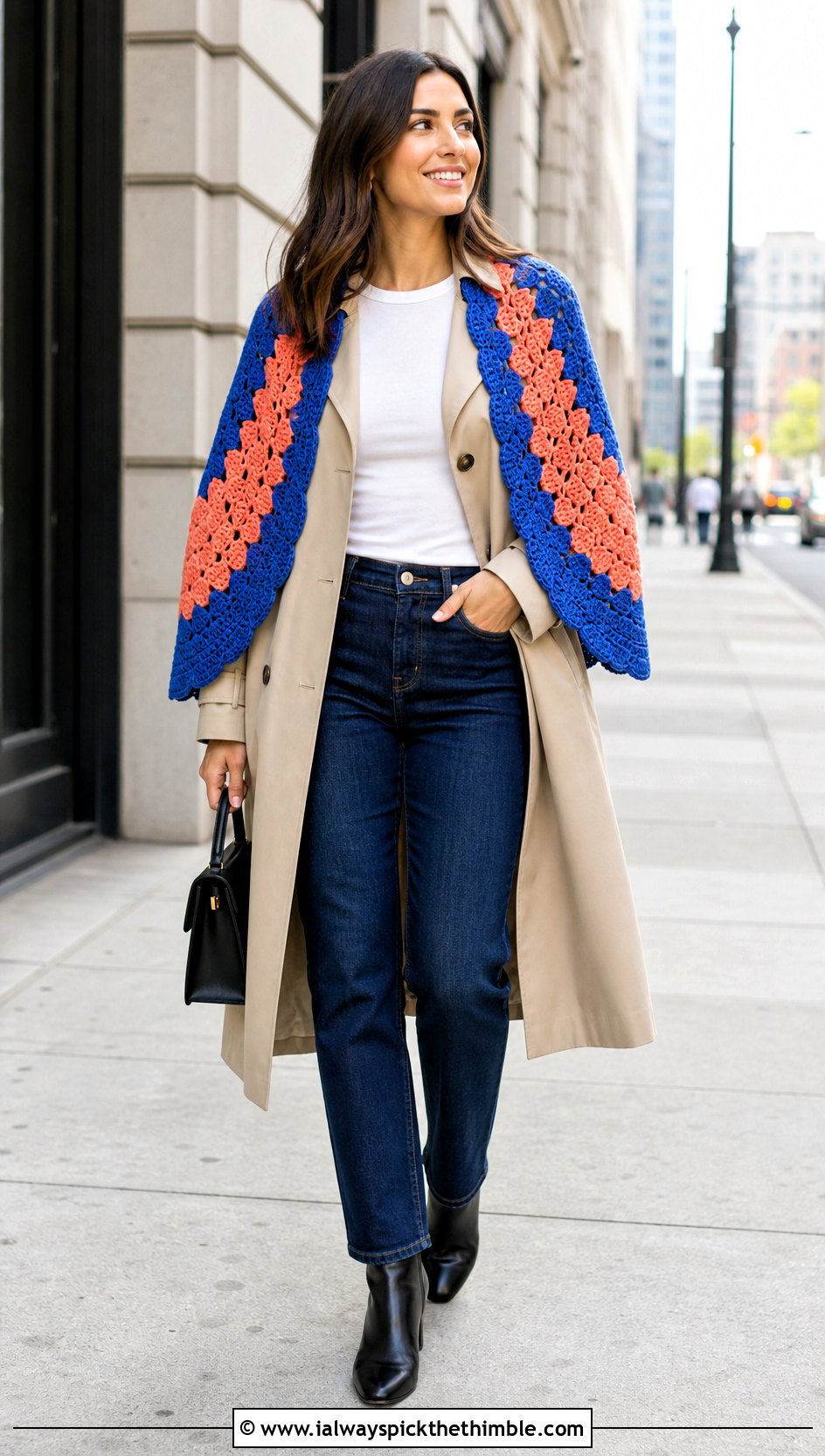 Color Block Circle Crochet Shawl With Trench Coat - 20 Circle Crochet Shawl outfit ideas